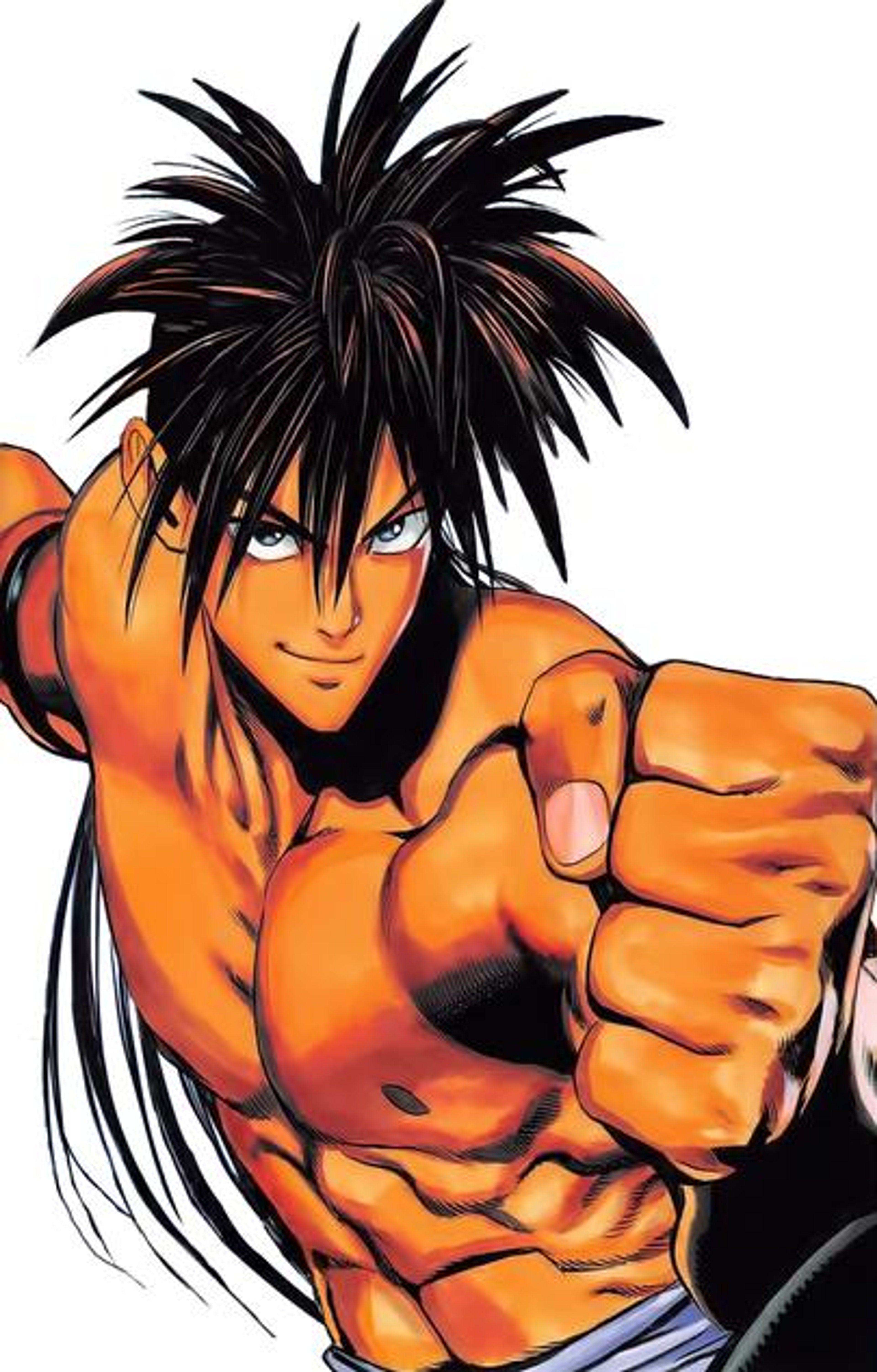 A muscular young man with long black hair in a fighting stance