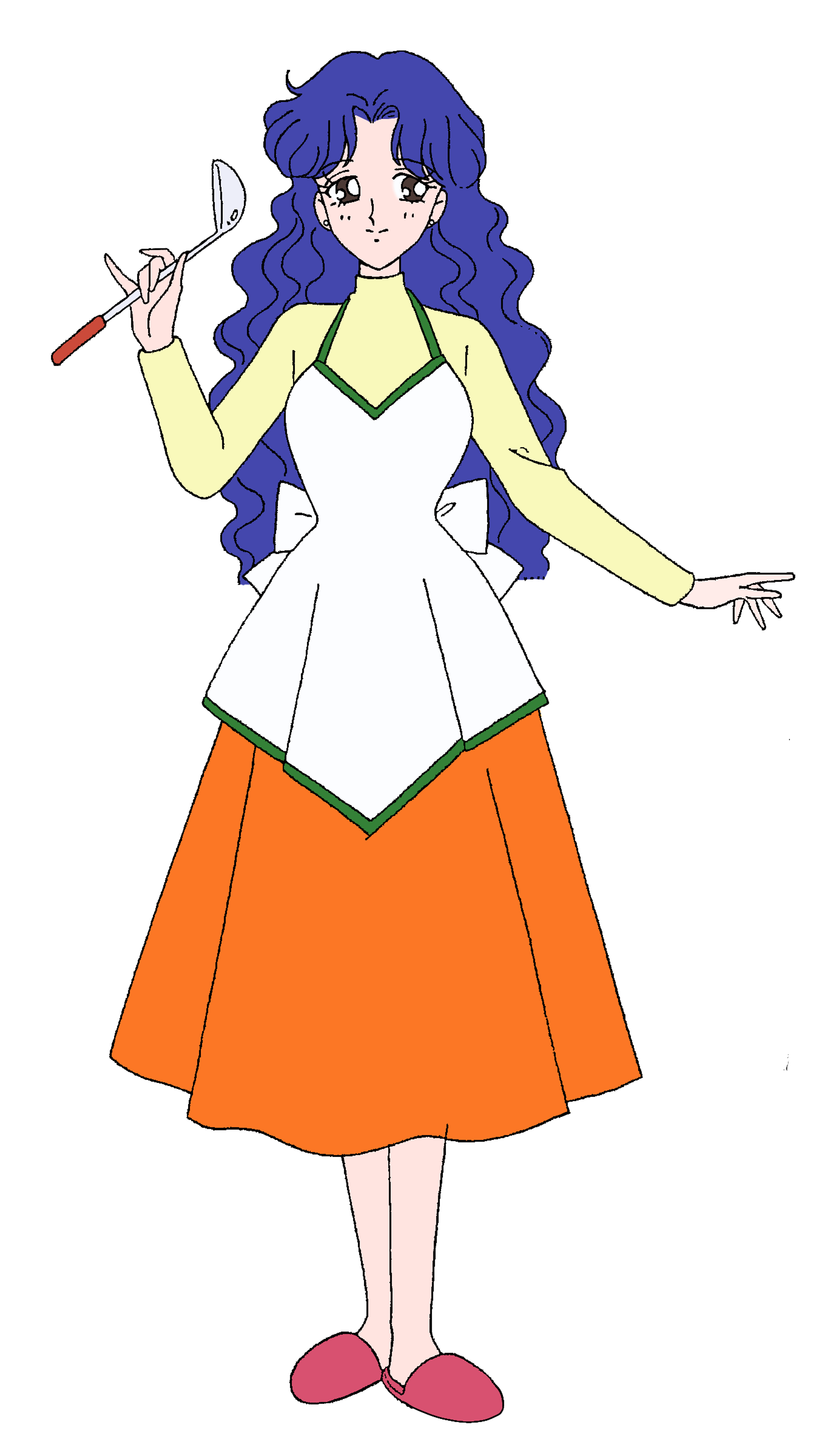 An anime-style character with blue hair and a white top and orange skirt