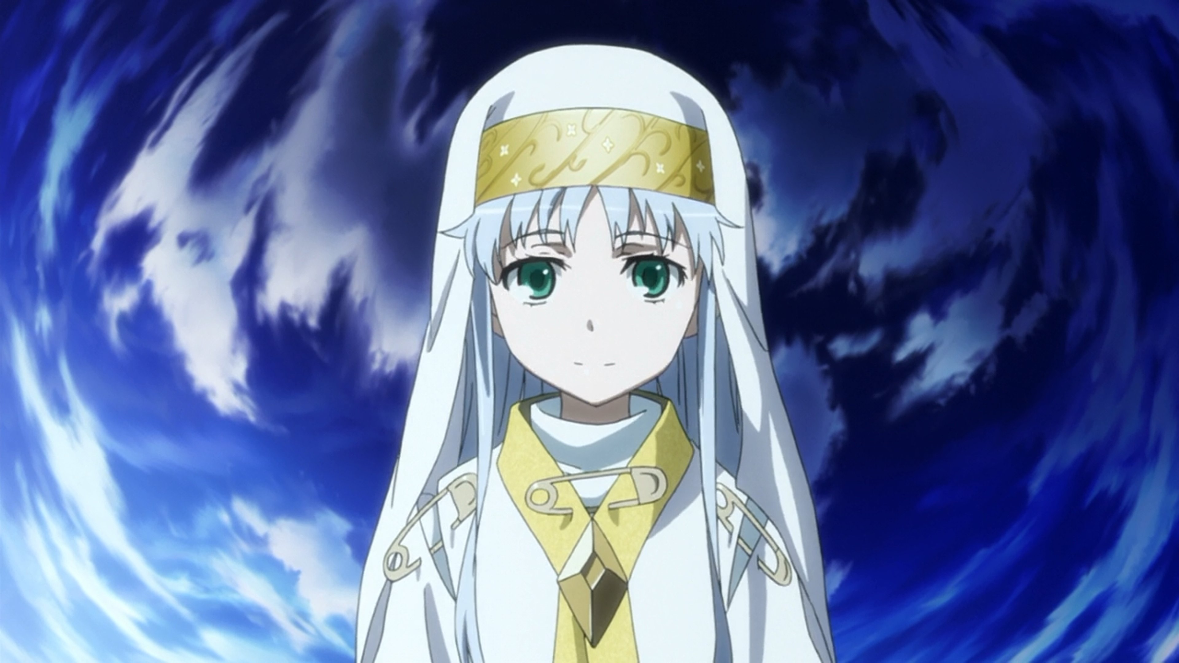 A young, silver-haired nun with a serious expression on her face