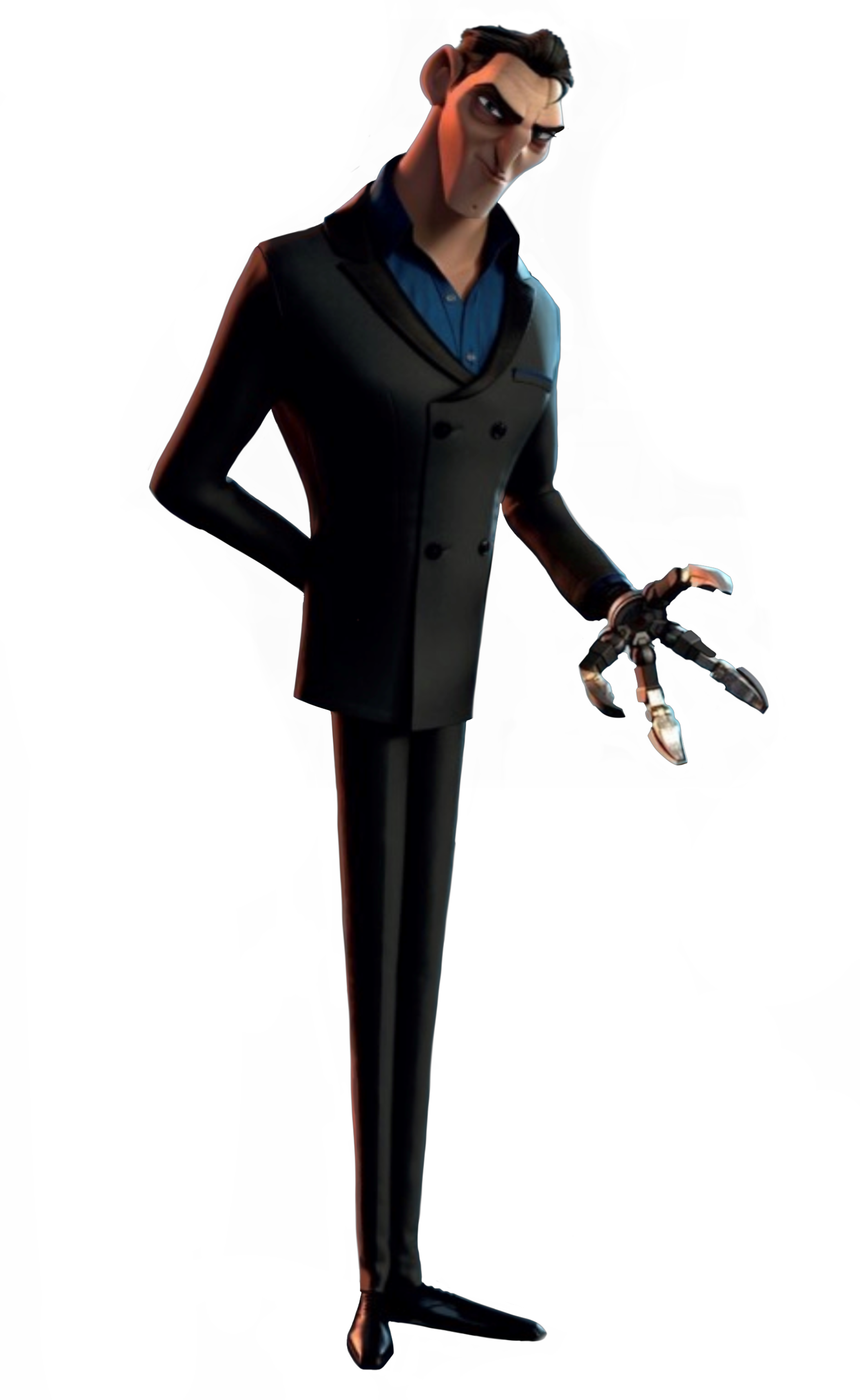 A male character with a cybernetic left arm wearing a black suit