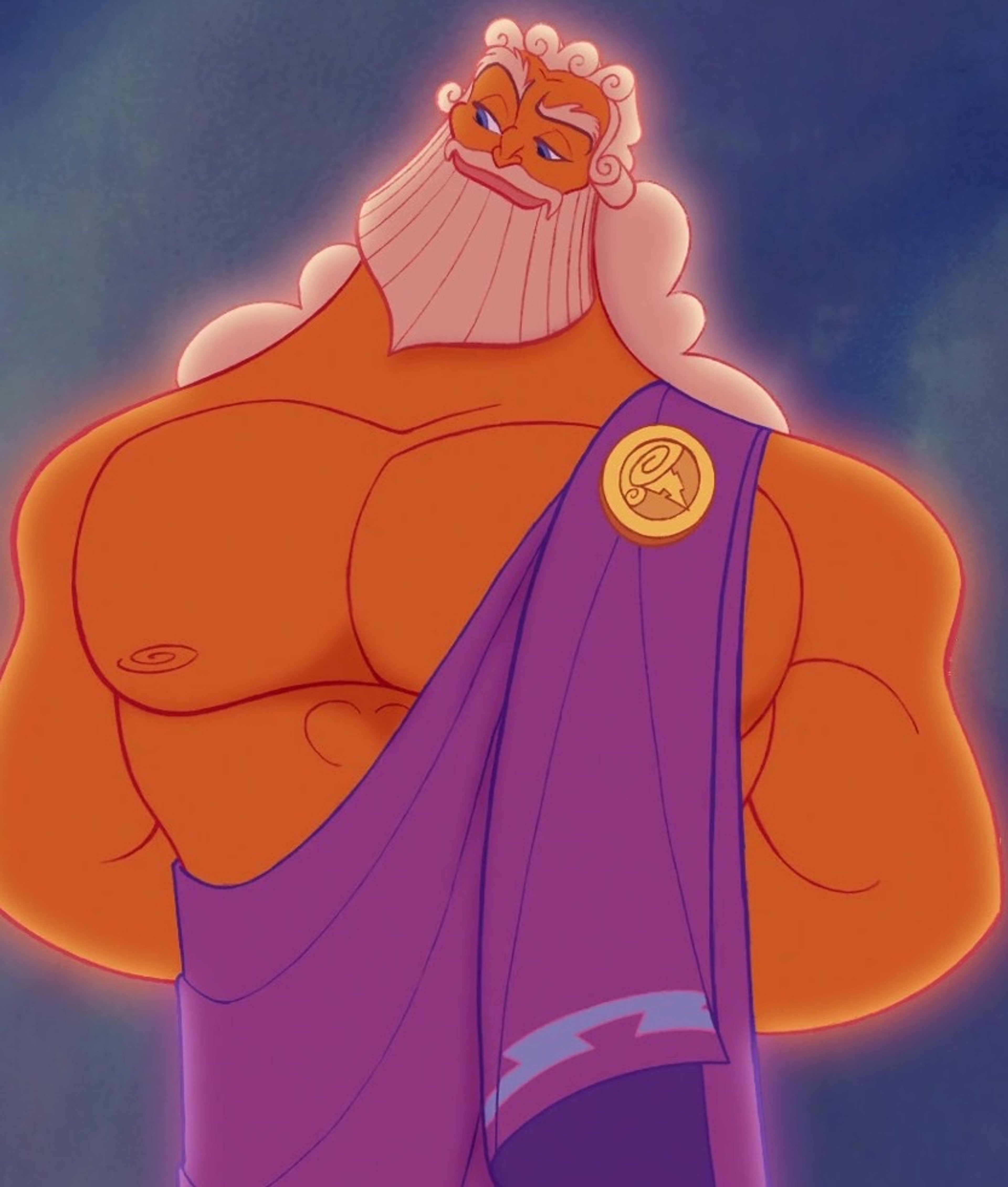 A powerful, muscular male figure wearing a purple robe and crown, standing against a cloudy, stormy sky.