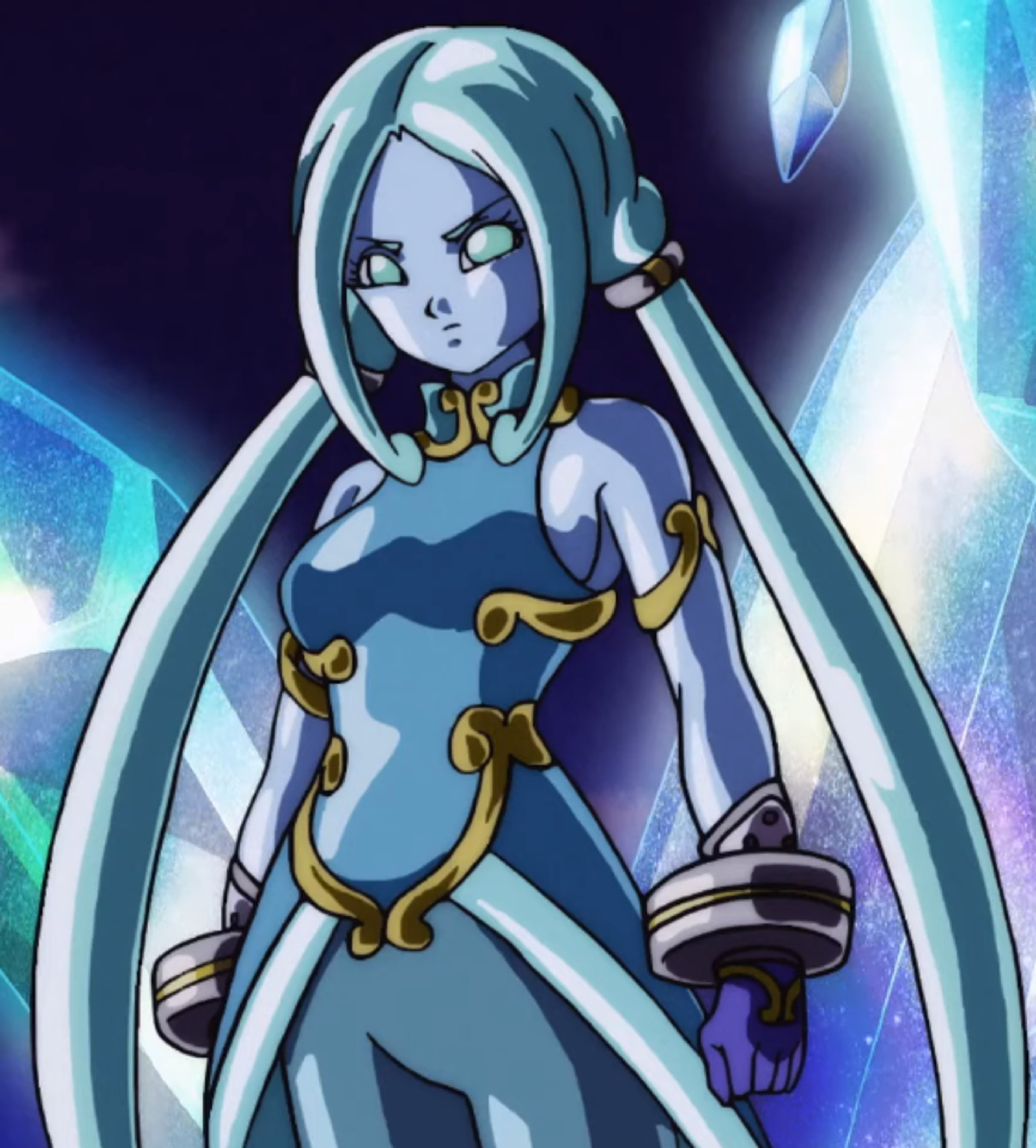 A female character with pale blue skin and long turquoise hair in an elegant blue dress with golden trimmings, in a fighting stance.