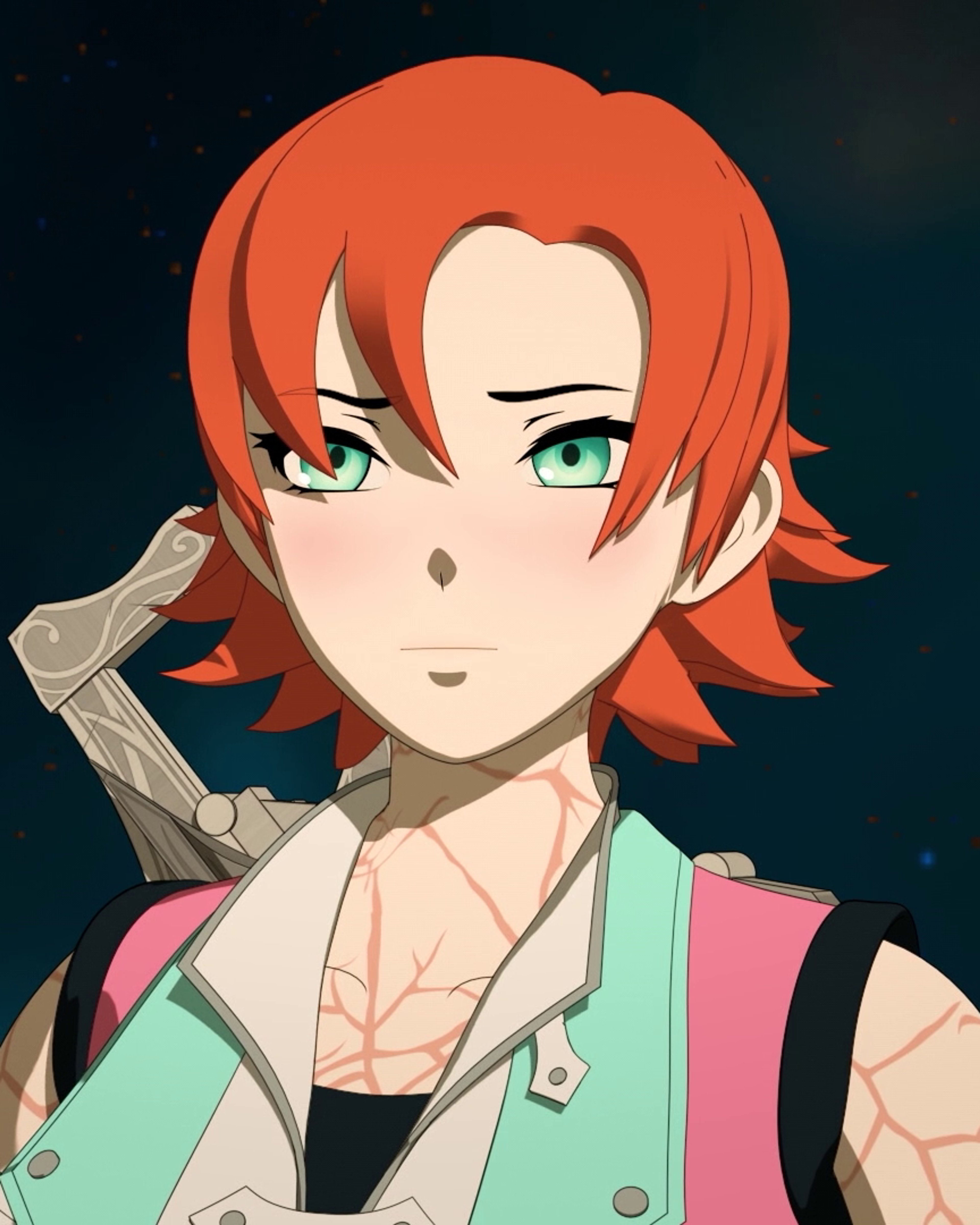An anime-style character with red hair, green eyes, and a pink and white outfit holding a large hammer-like weapon.