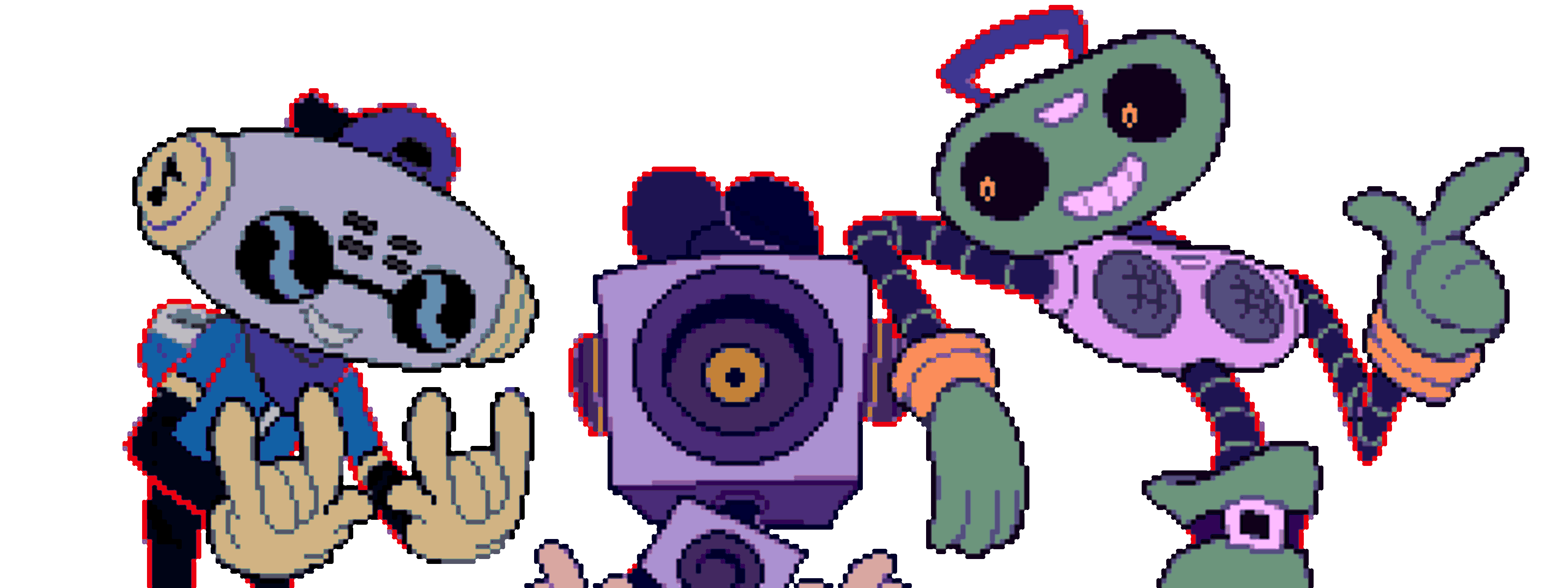 Three anthropomorphic electronic devices - a cassette player, a cassette player with a backwards cap, and a CD player - depicted as a rebellious music-loving trio in a cyberpunk fantasy world.