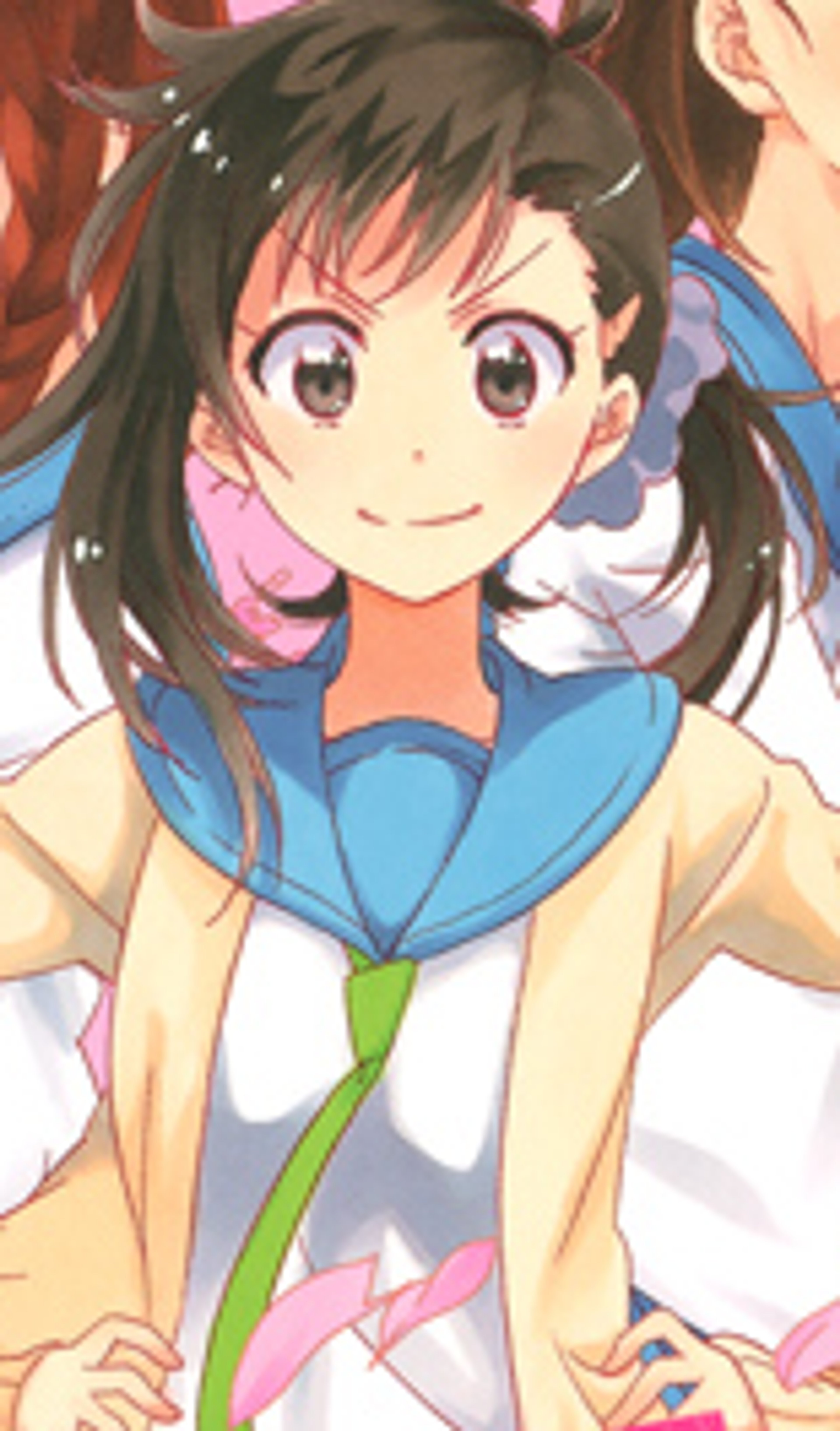 An anime-style character with large eyes, long dark hair, and a cheerful expression, wearing a light blue jacket over a white shirt.