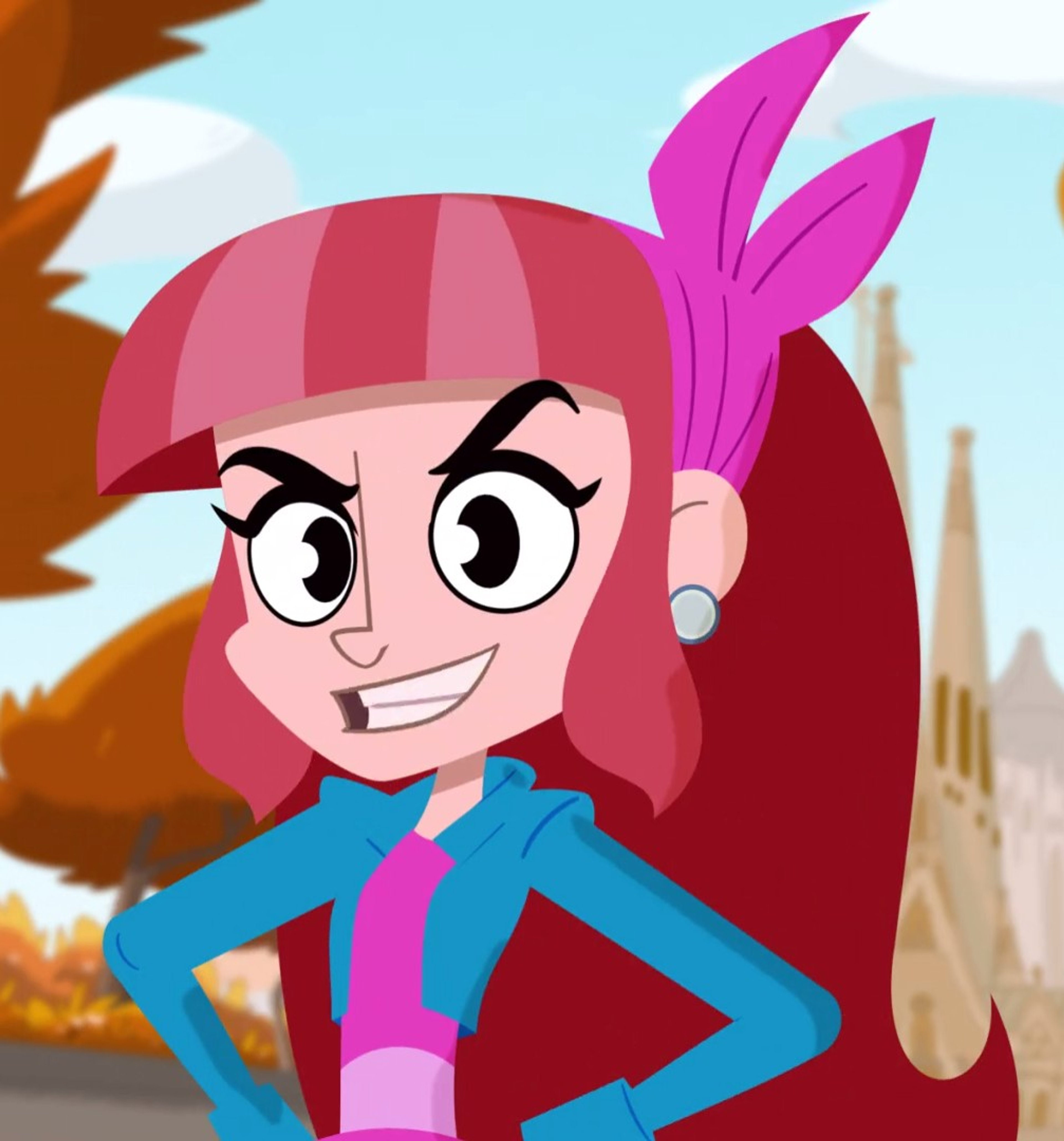 A young woman with pink hair and a confident expression wearing a blue and pink outfit.