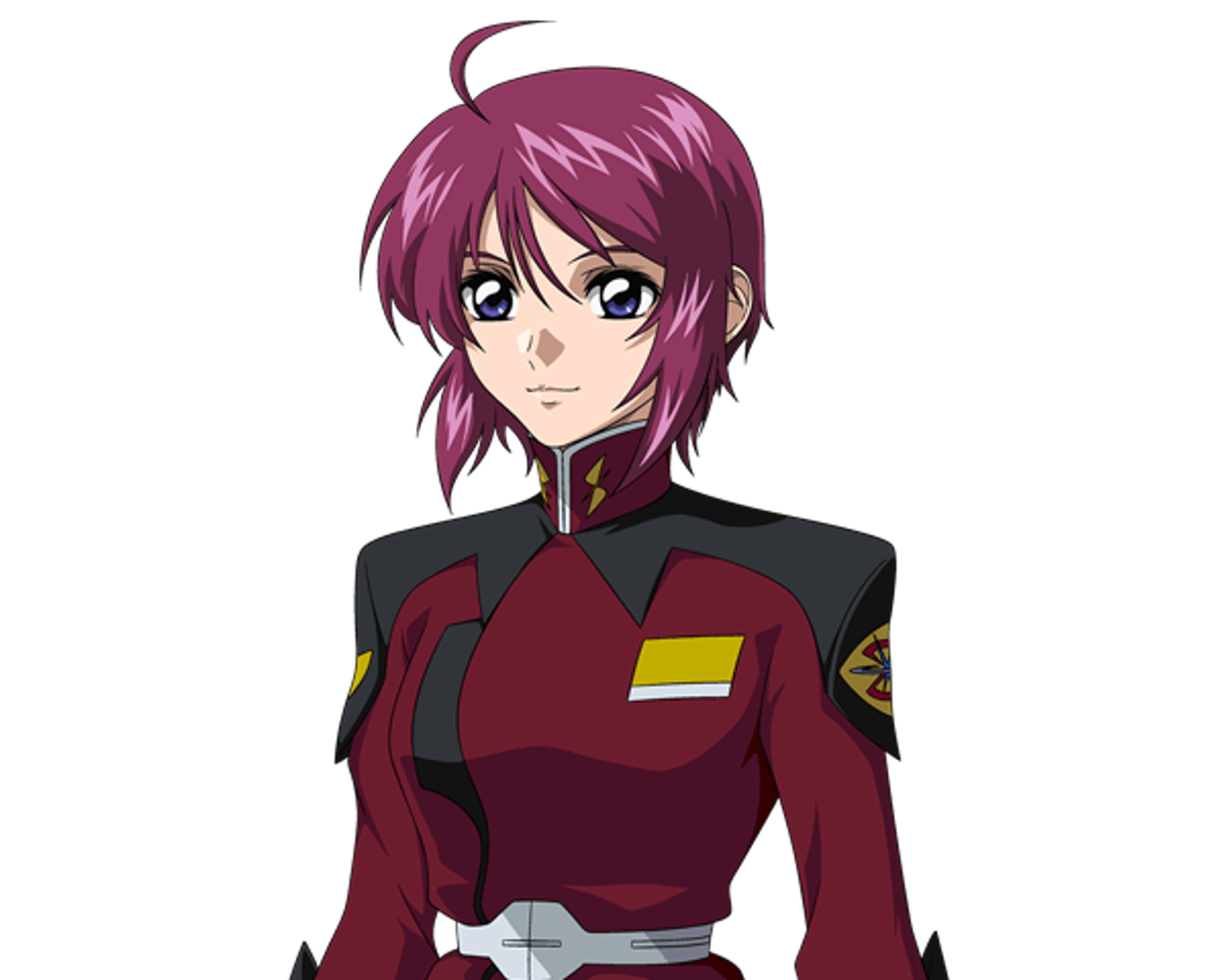 A young woman with purple hair wearing a red and black military uniform, looking determined.