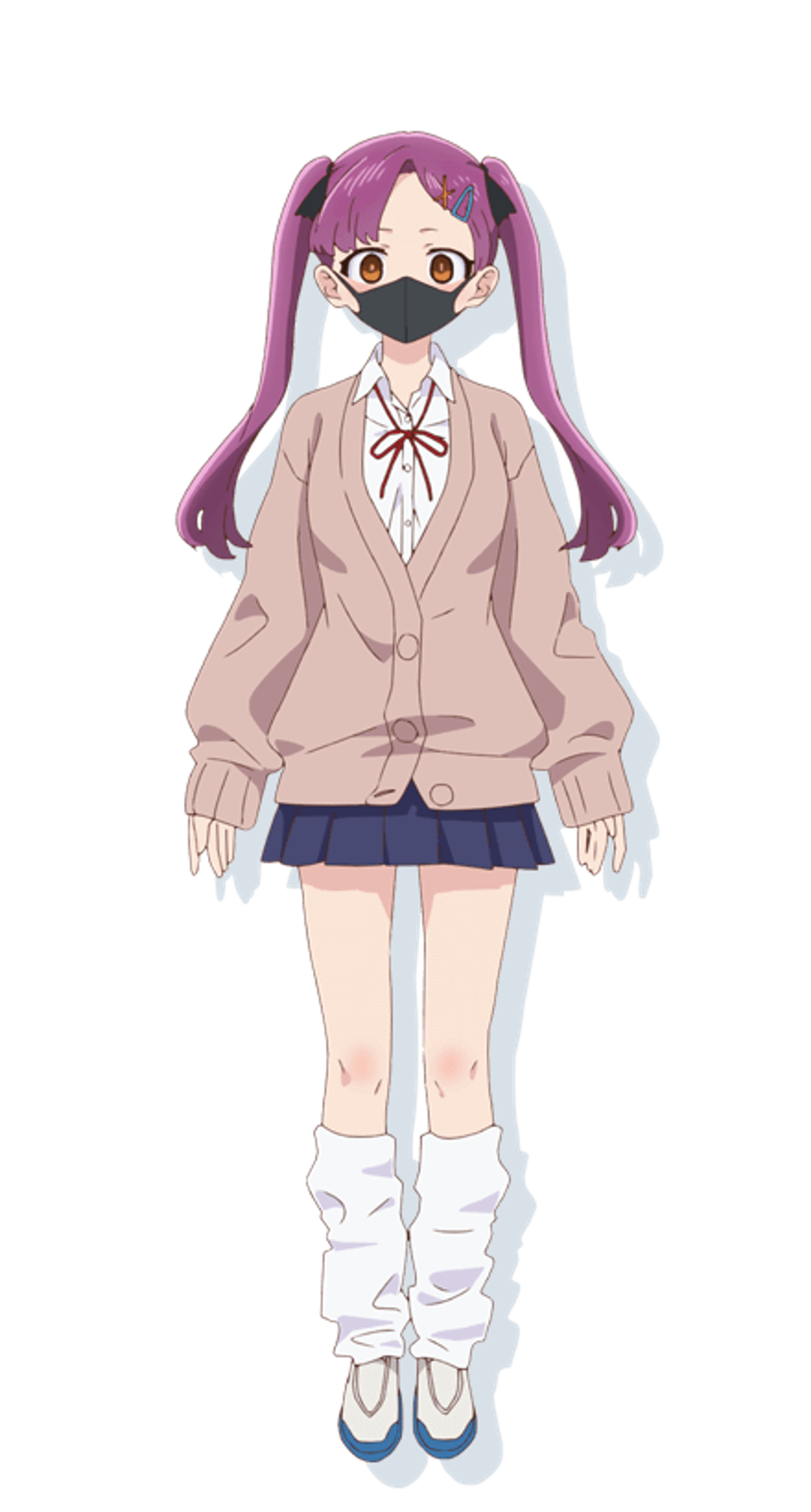 An anime-style character with light purple hair in twin pigtails, wearing a light pink jacket, white shirt, navy skirt, and white socks.