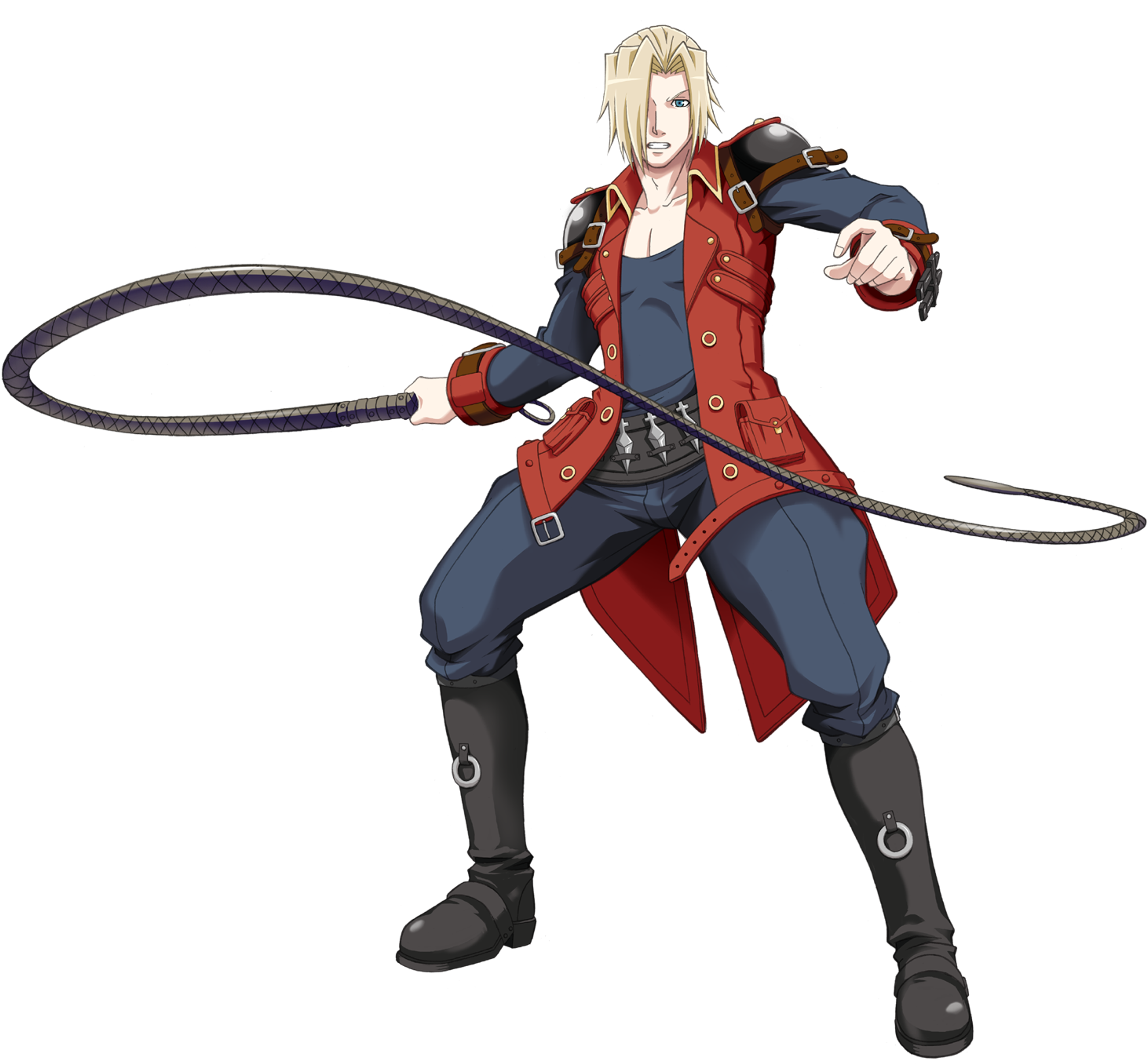 A young man with blond hair and blue eyes, wearing a red coat and holding a whip-like weapon.