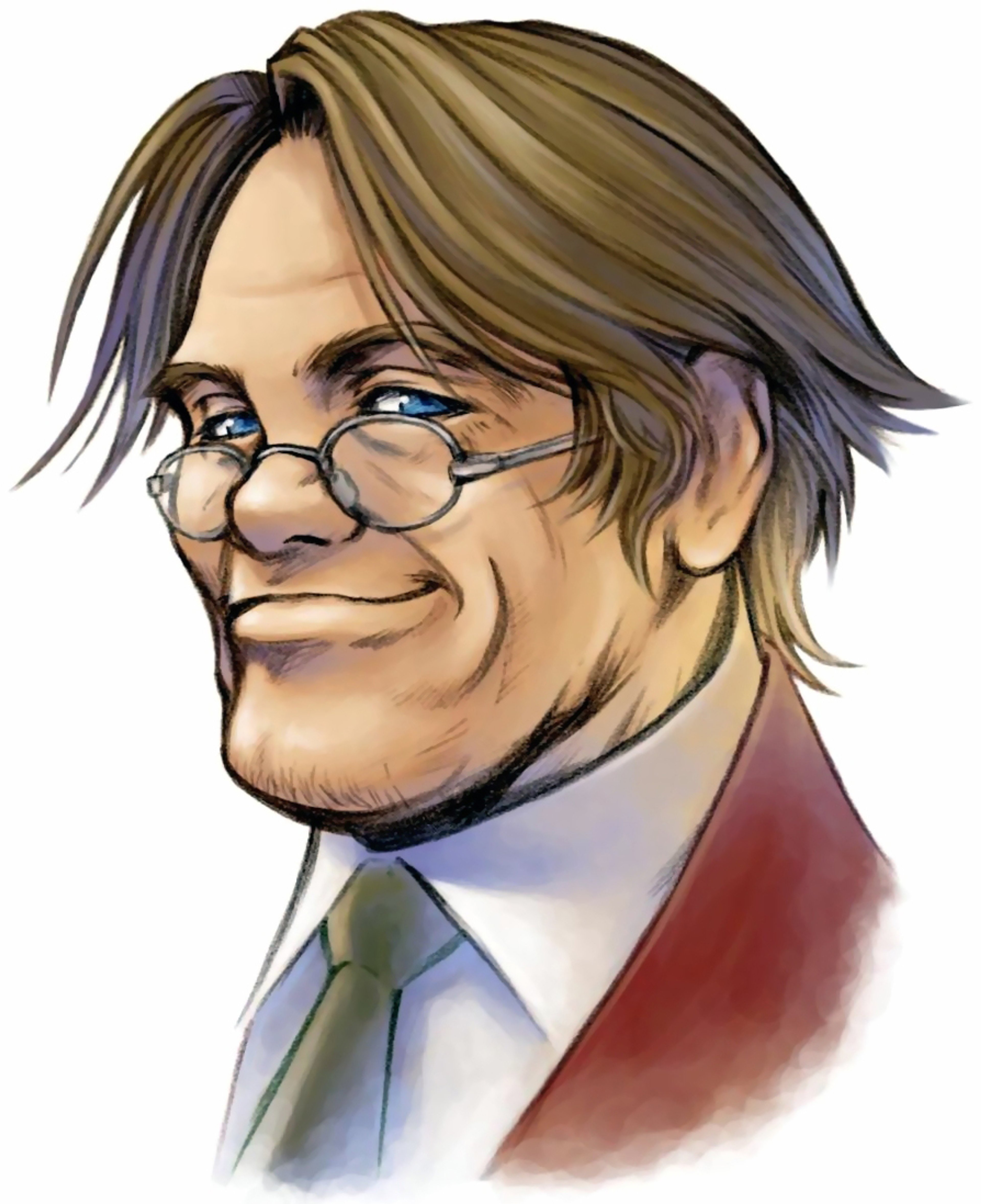 An illustration of a middle-aged man with glasses and a friendly expression, wearing a red tie and white shirt.