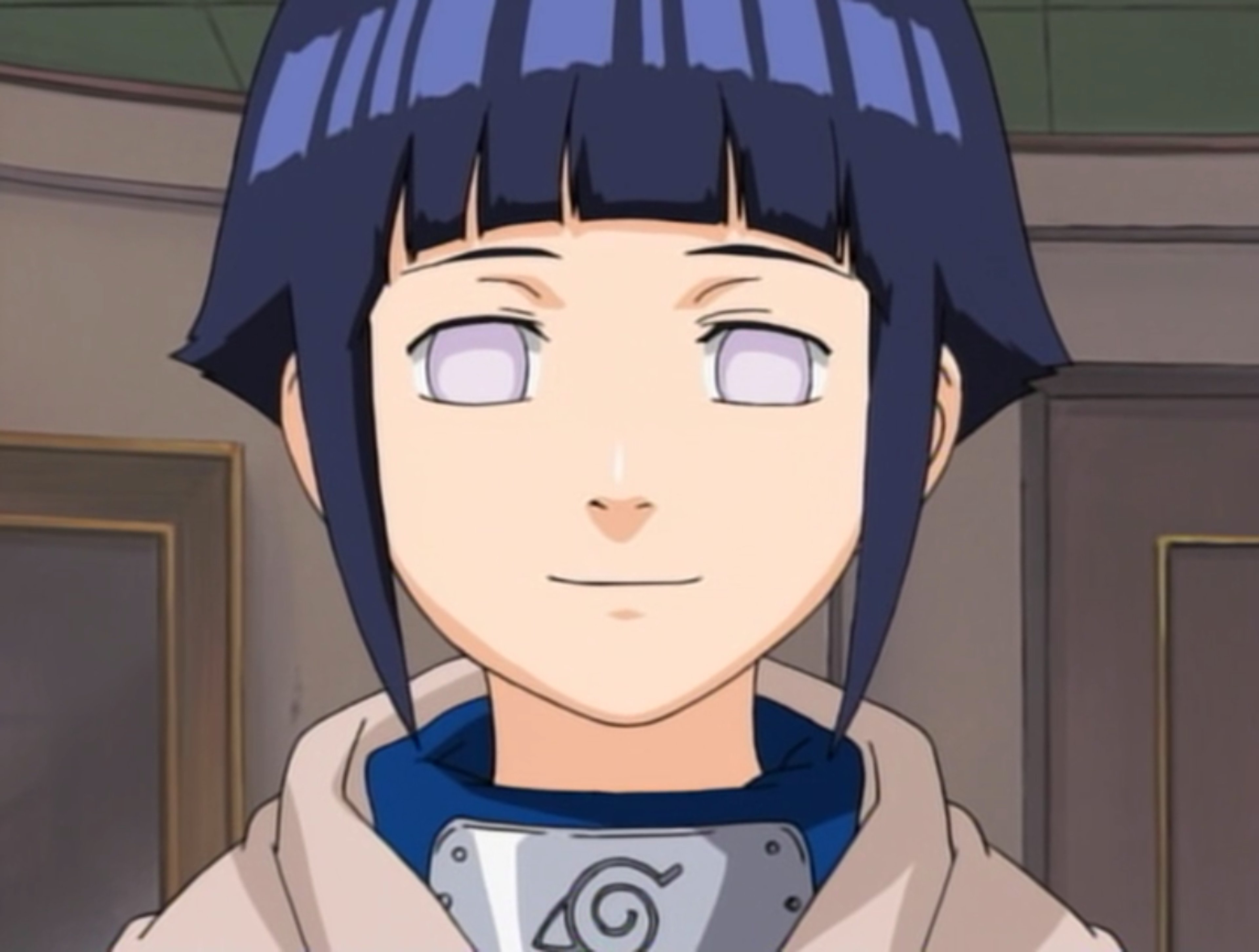 An anime-style character with long dark hair, pale skin, and large white eyes, wearing a dark blue jacket or robe.