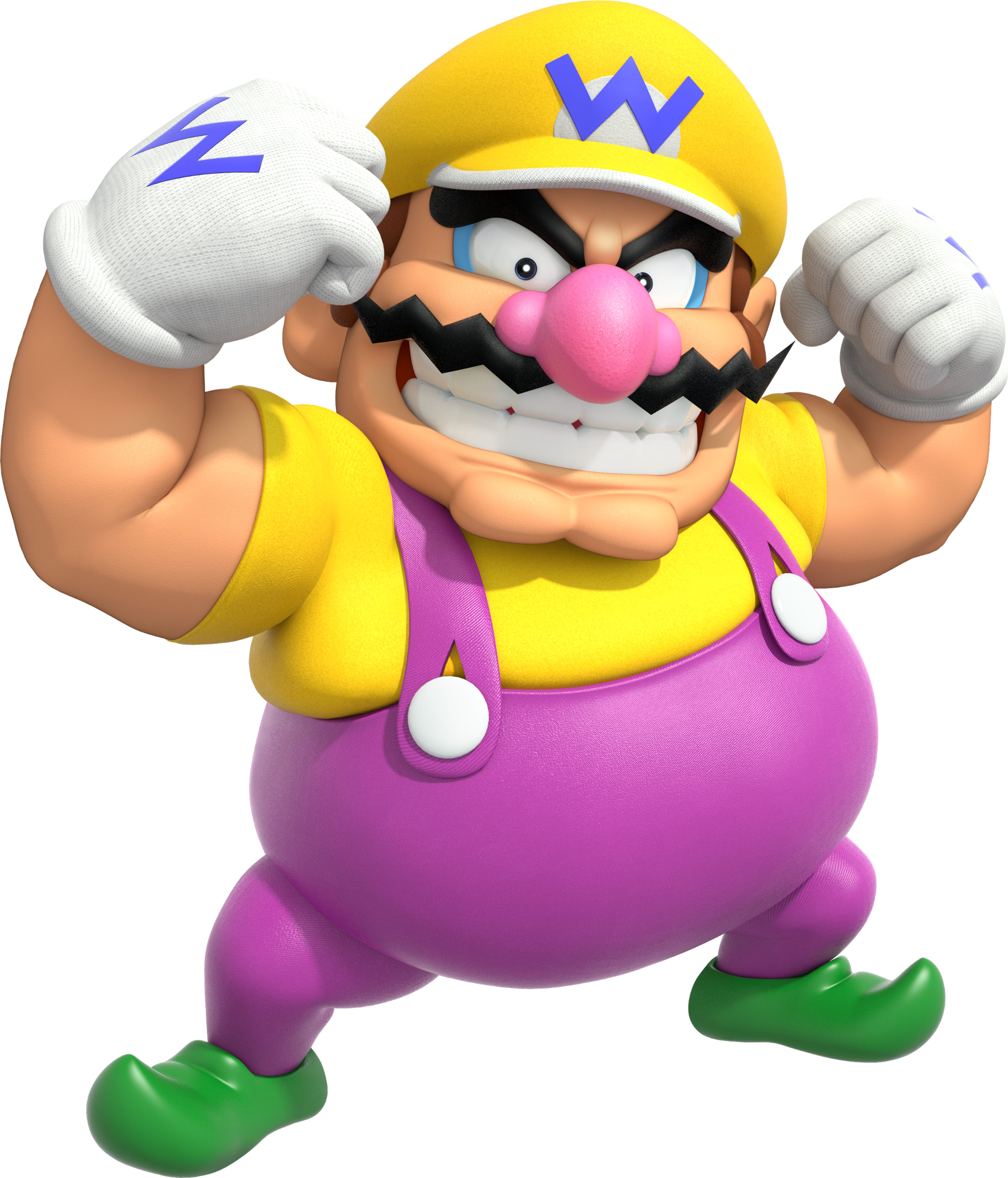 A cartoon character named Wario from the Mario video game universe, with a large, rotund body, prominent nose and mustache, and an exaggerated, mischievous expression.