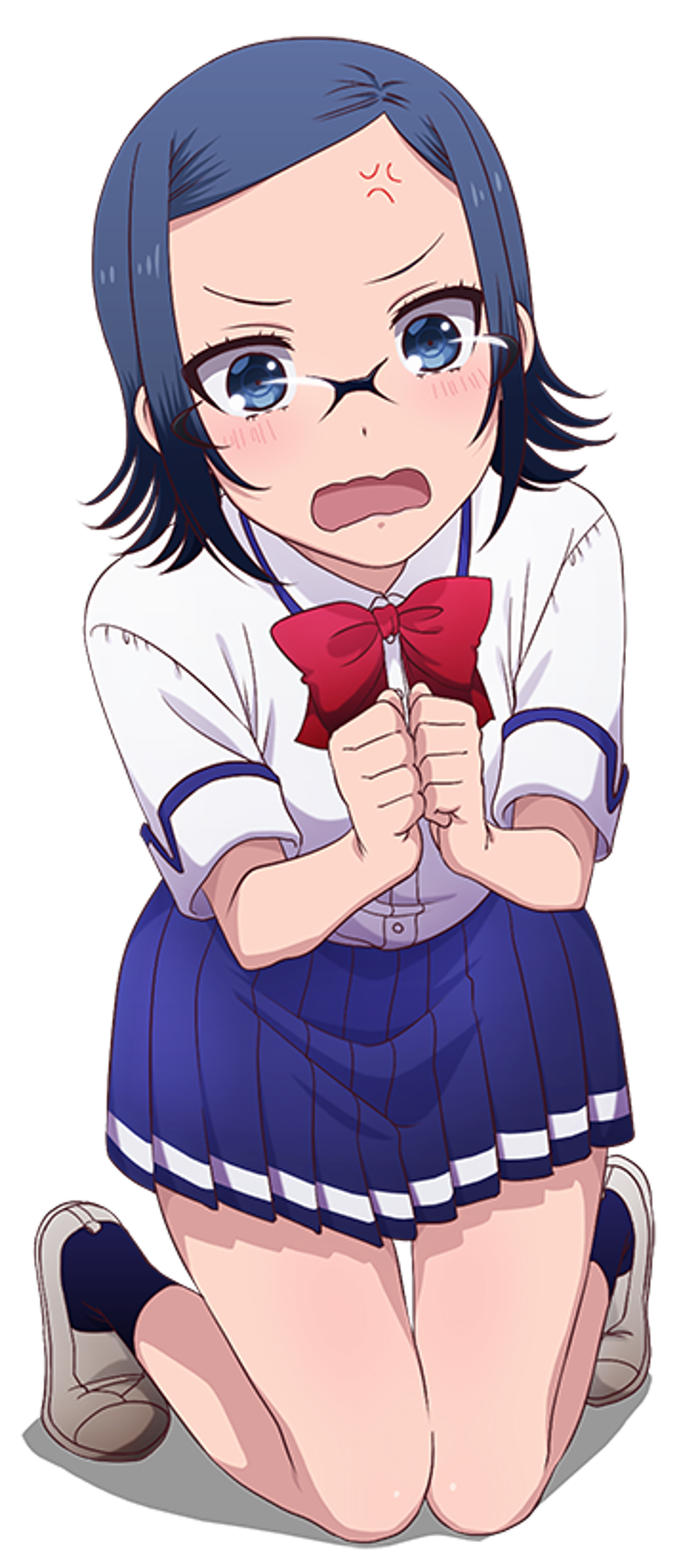 An anime-style character with dark blue hair, glasses, and a school uniform, kneeling with their hands clasped together.