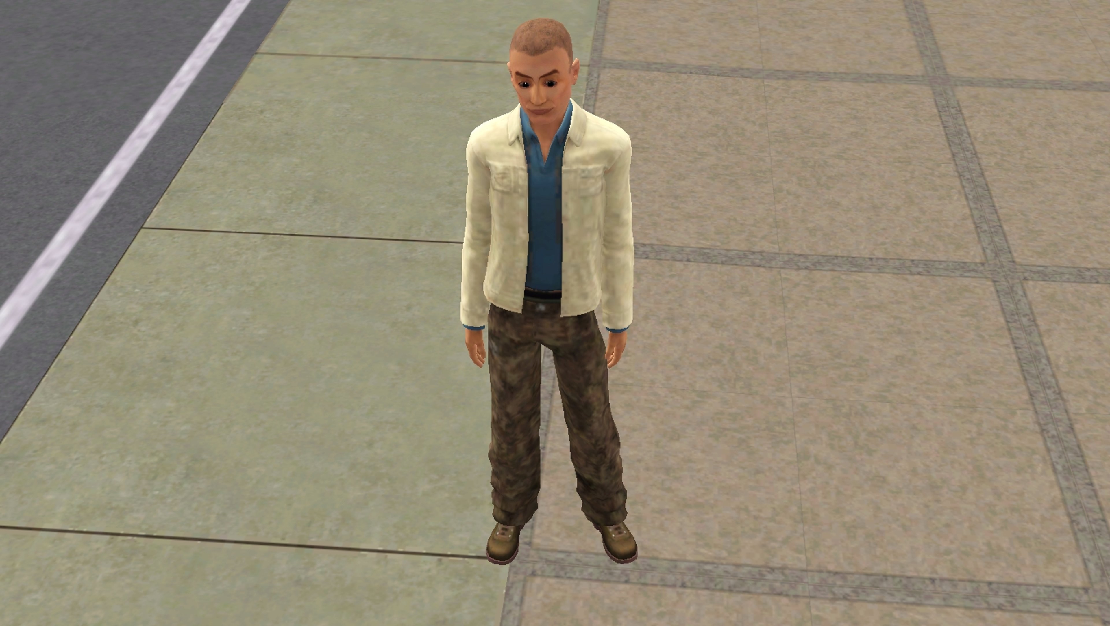 A young man with a nervous expression wearing a light jacket and brown pants