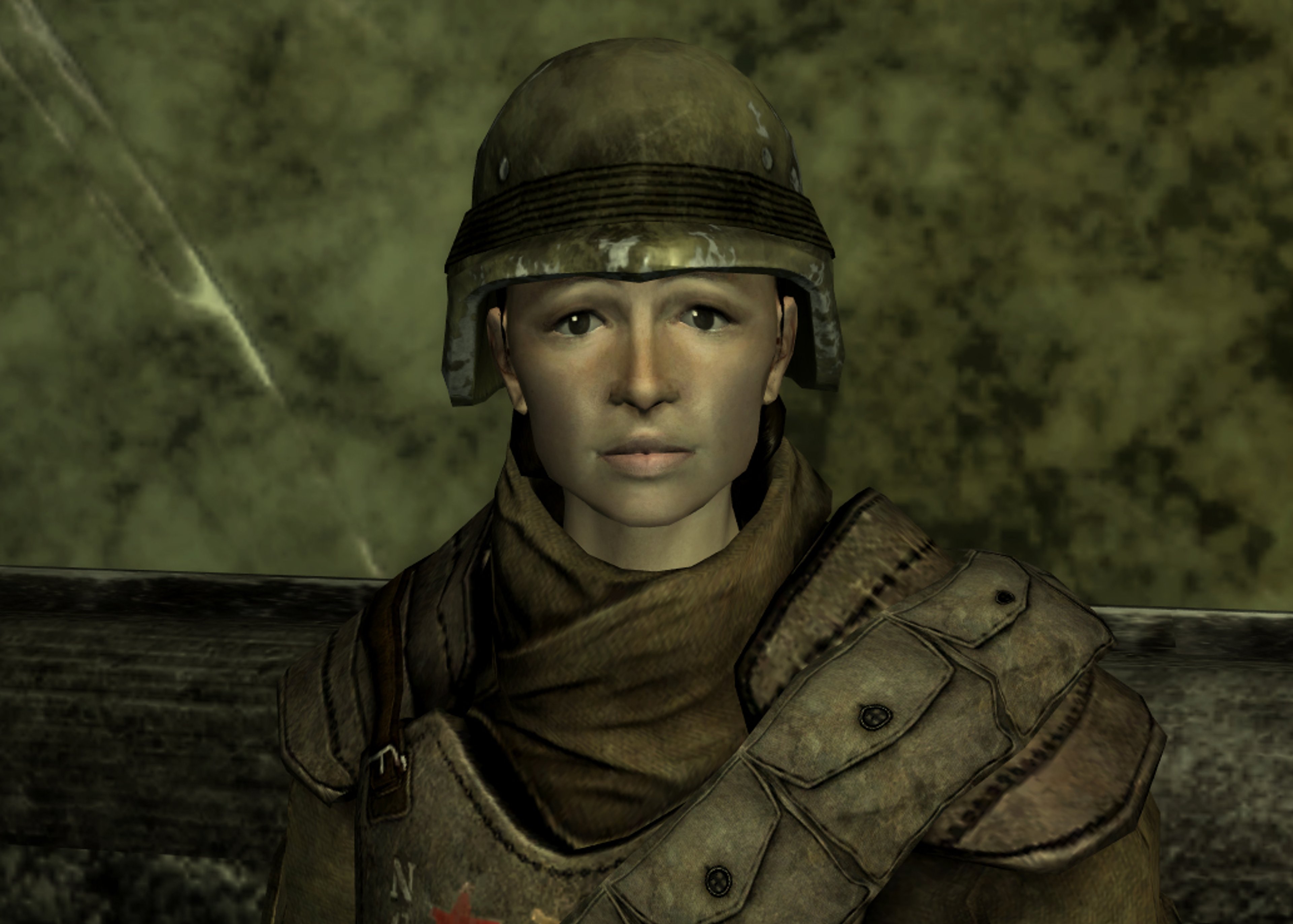 A woman in NCR combat armor with a determined expression