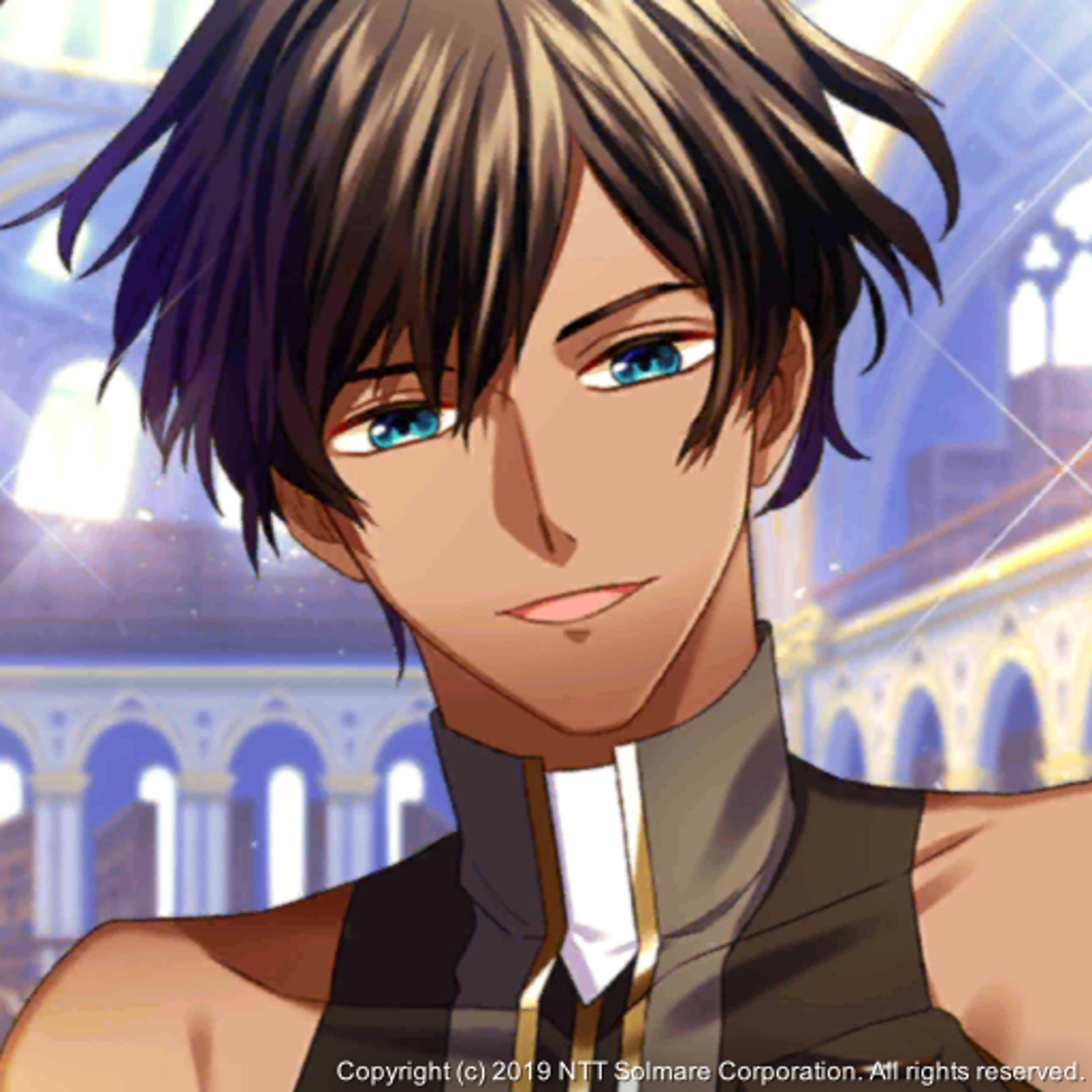 A handsome, dark-skinned male character with a kind, serene expression