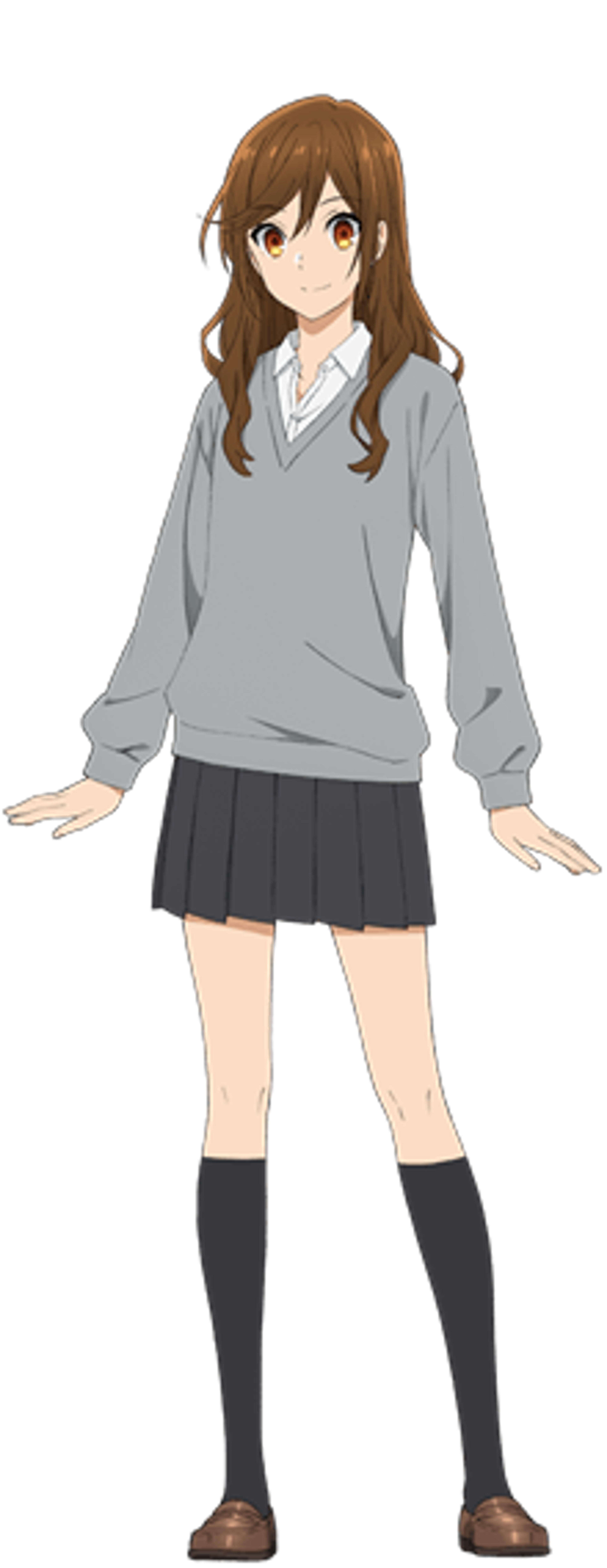 An anime-style character with long brown hair, wearing a gray sweater and black skirt.