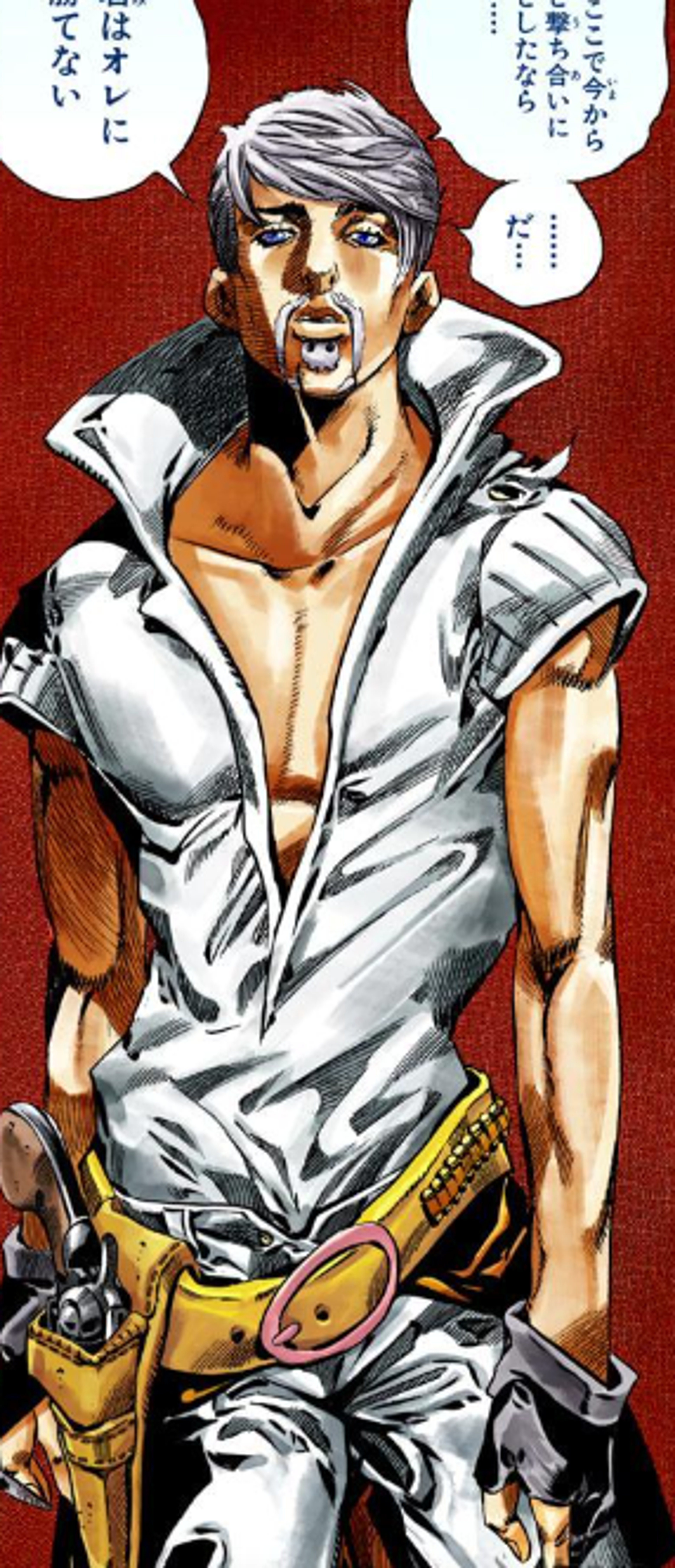 A man with light hair and facial hair wearing a light jacket, gloves, and carrying a revolver.