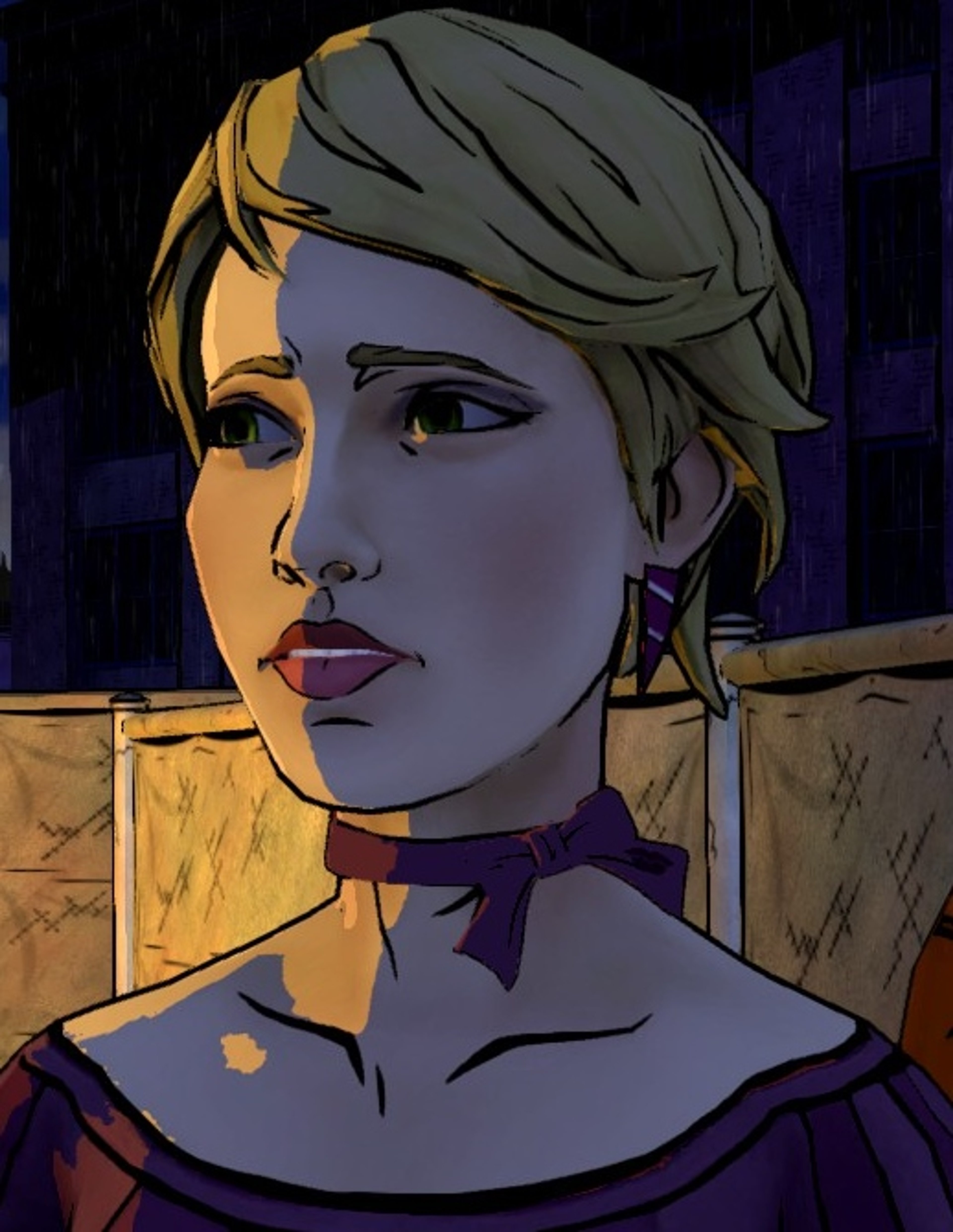 A portrait of a young, blonde woman with green eyes and a purple ribbon around her neck, set against a dark background.