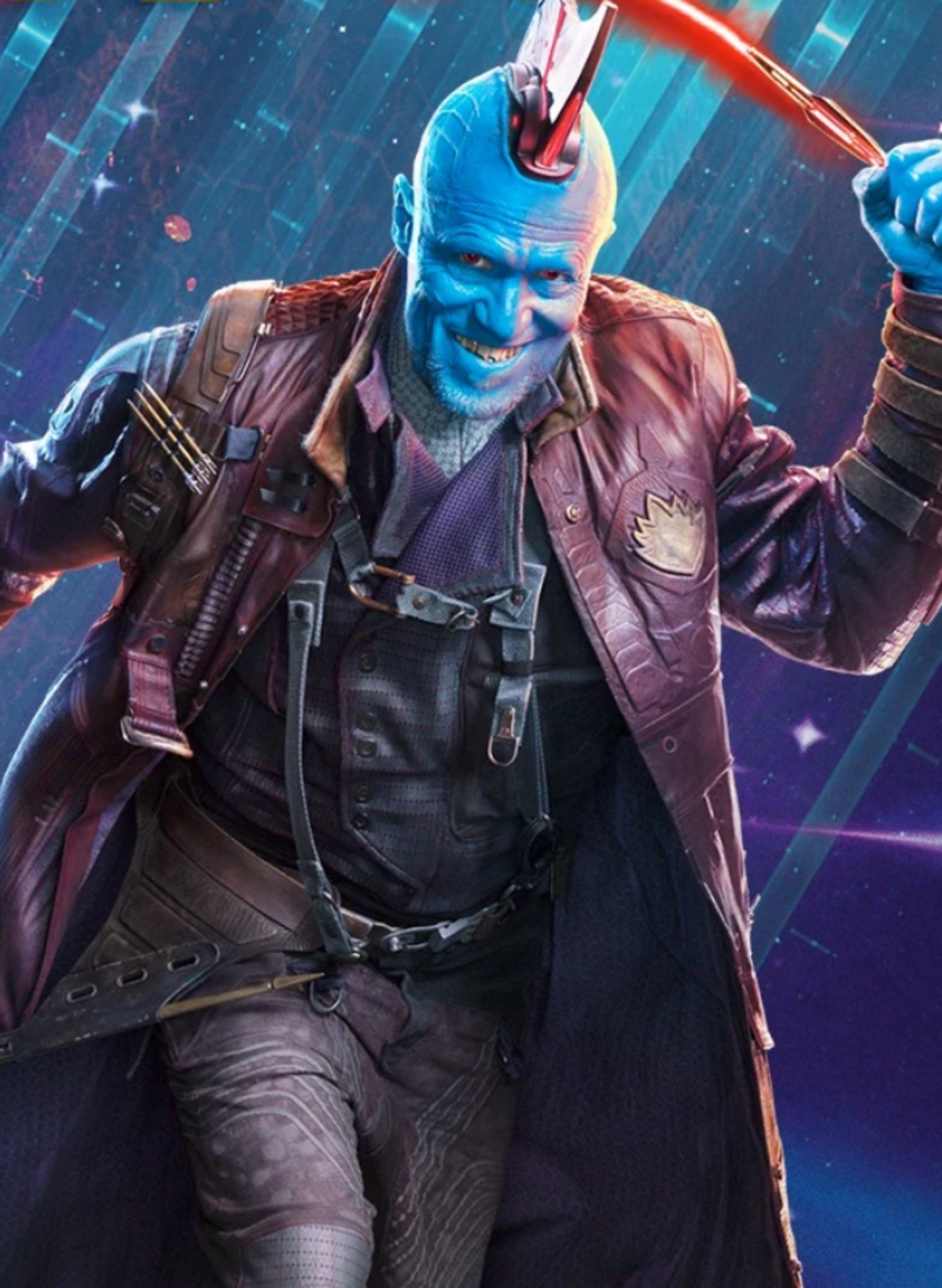 A blue-skinned, bald humanoid character with red markings on his face and head, wearing a leather jacket and having a determined expression.