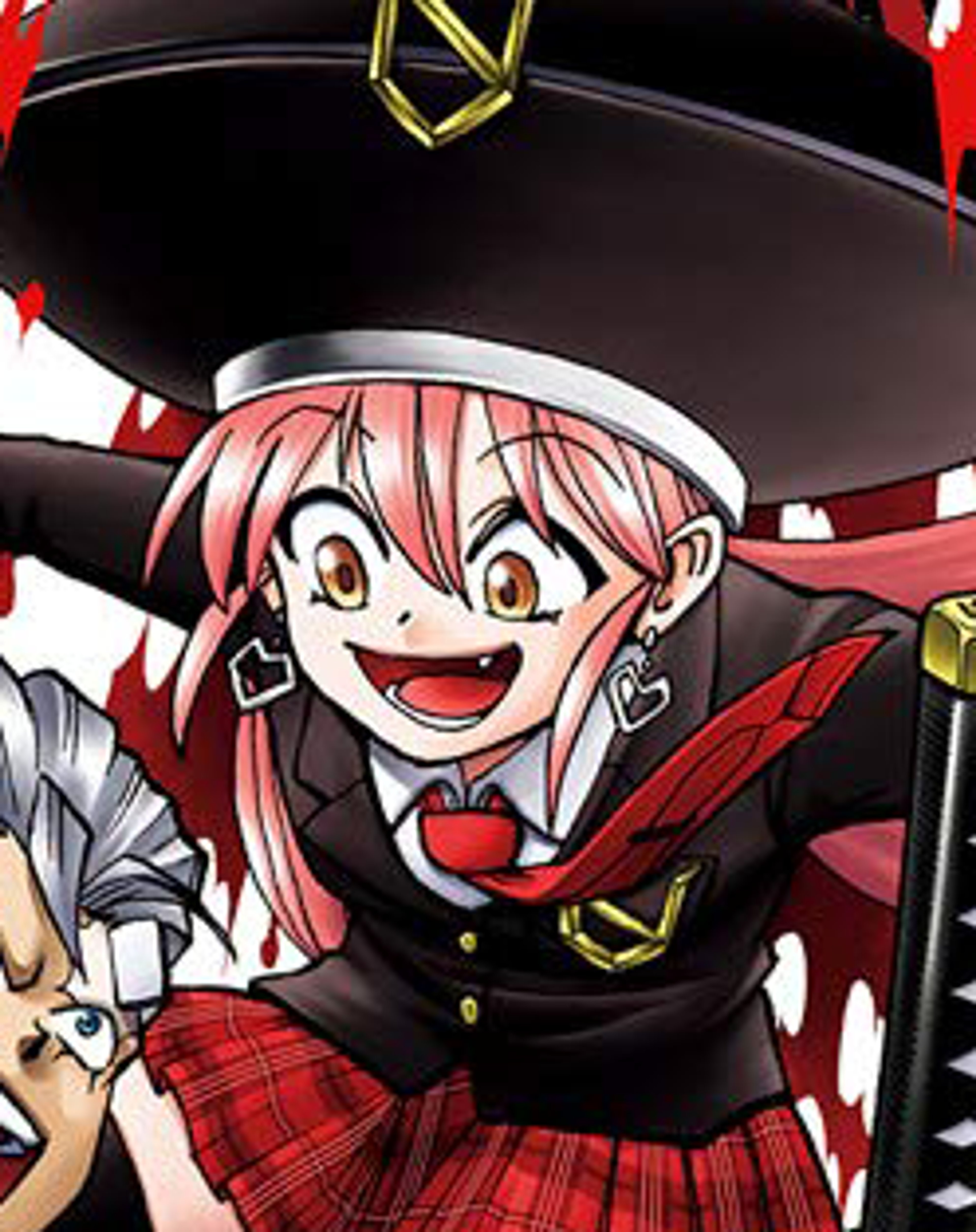 An anime-style character with pink hair, a military uniform, and a cheerful expression.