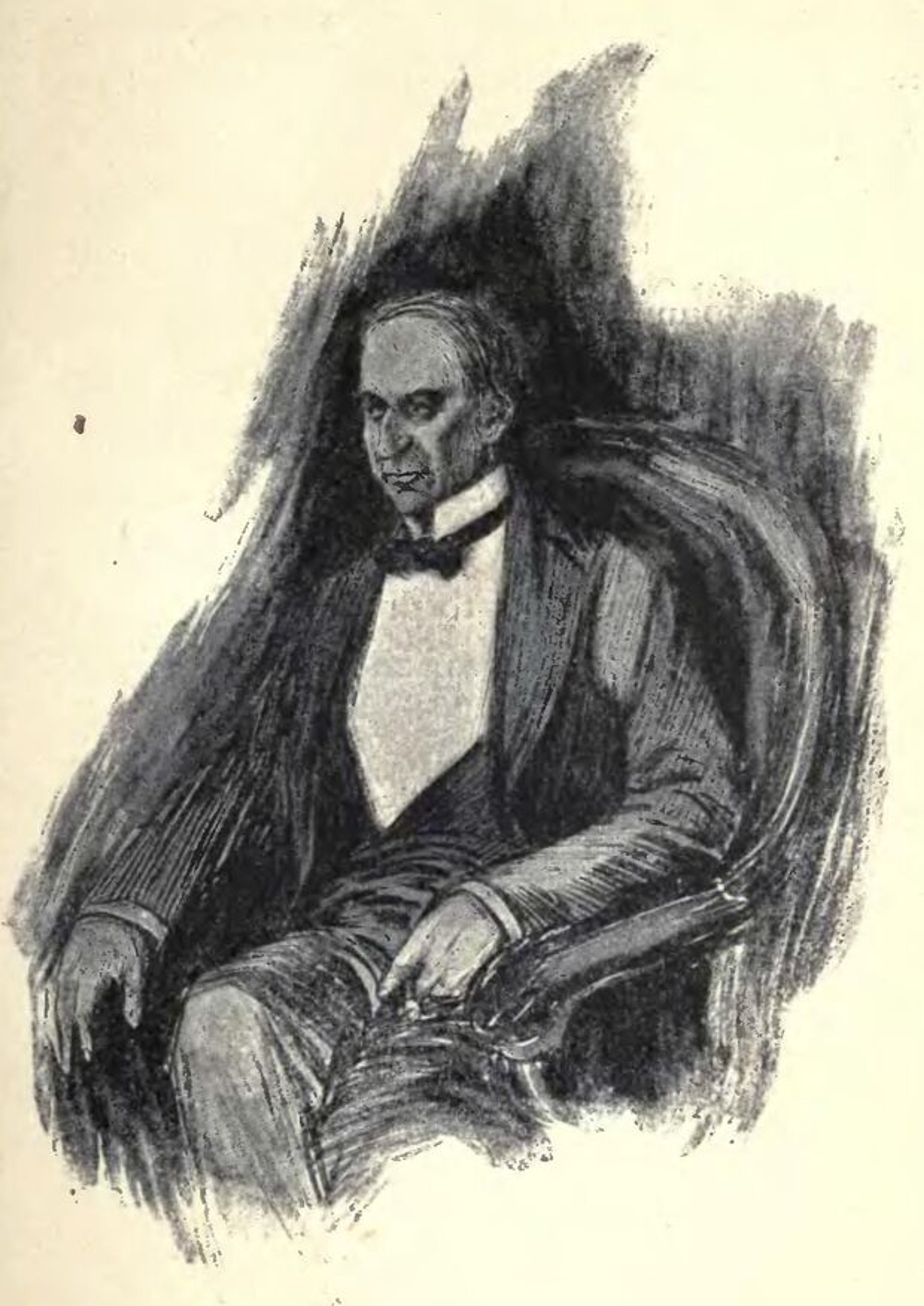 A detailed sketch of a man with a stern, intense expression, wearing a dark, high-collared coat or cloak.