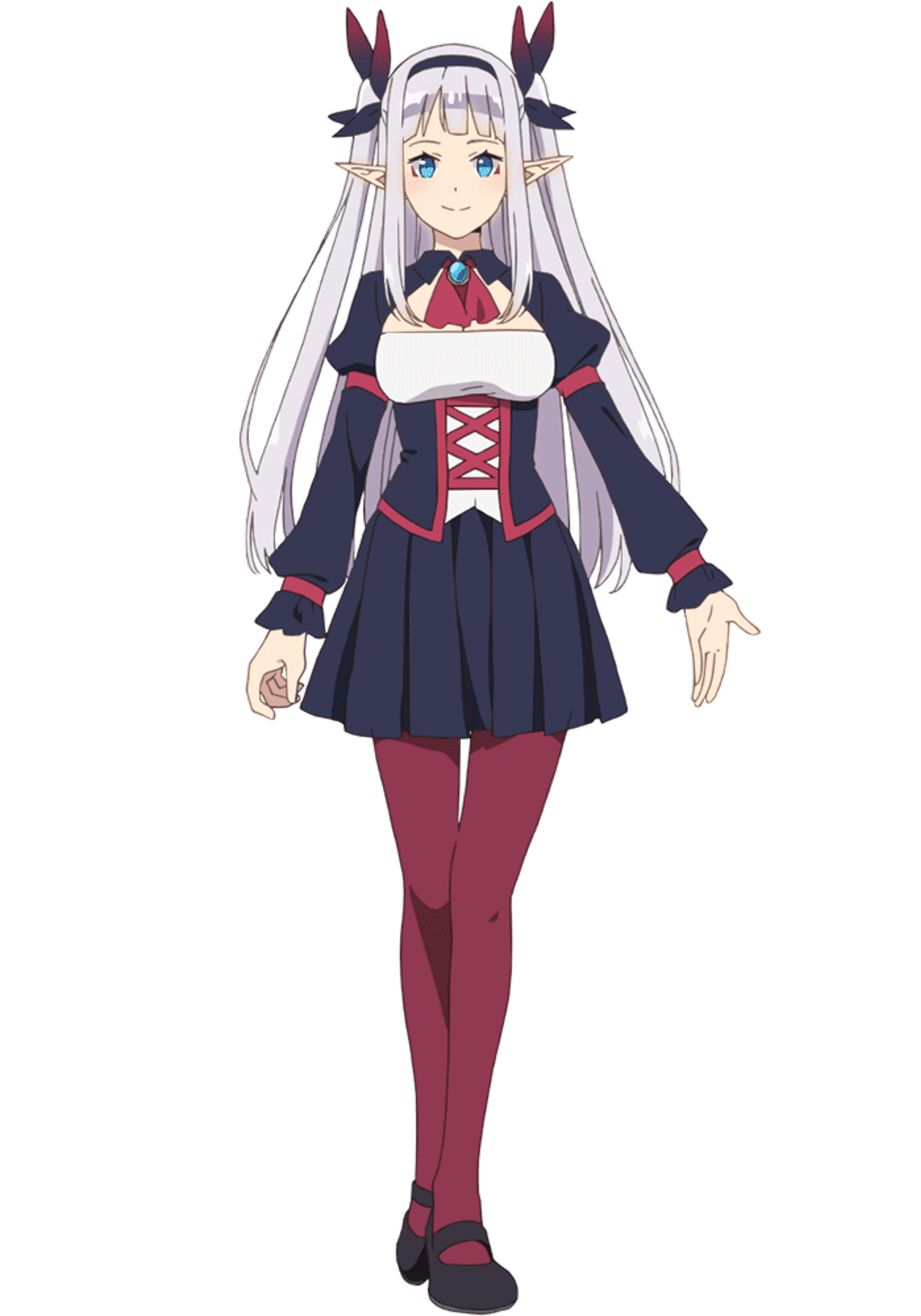 An anime-style character with silver hair and blue eyes, wearing a black dress with red accents.
