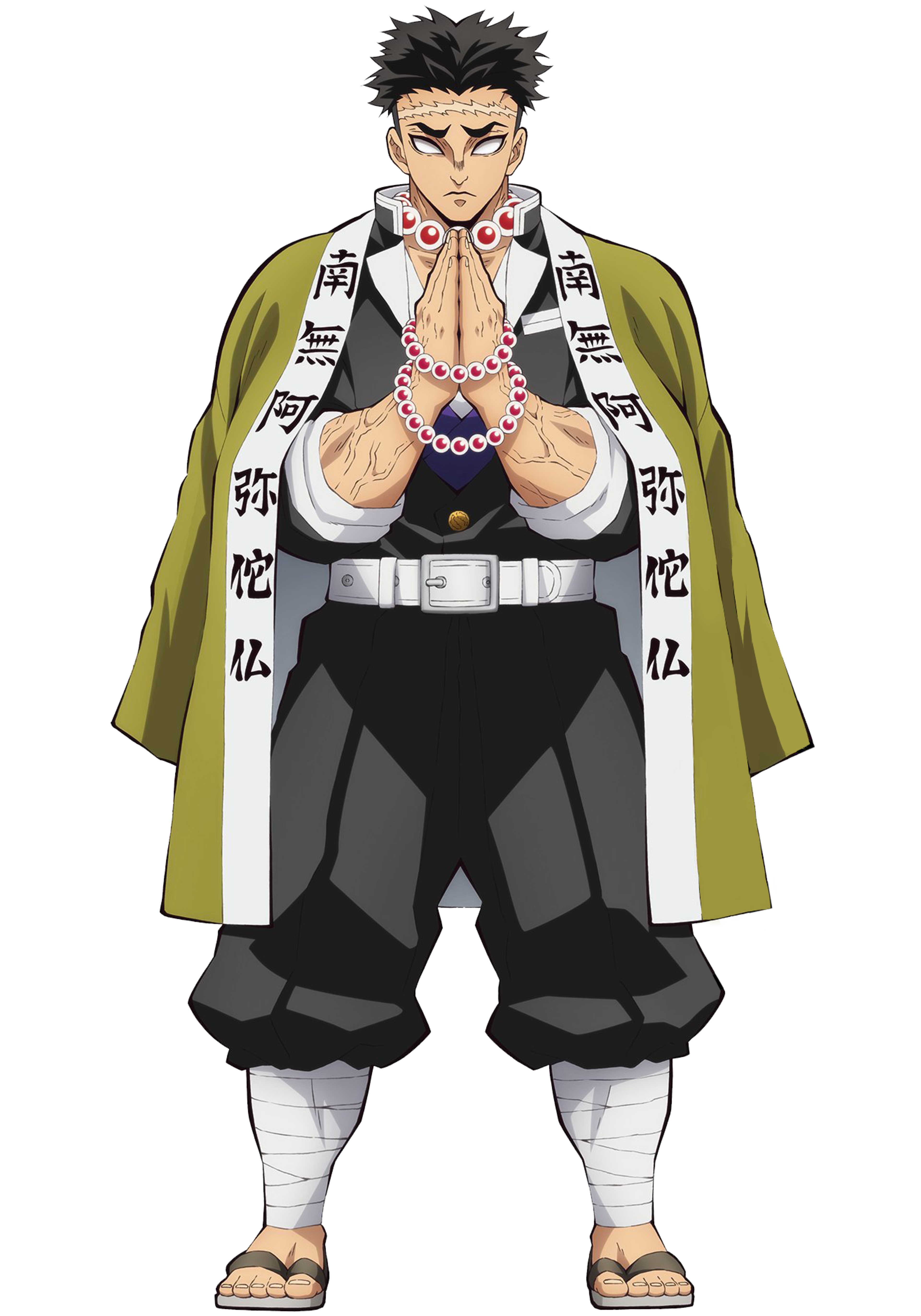 A large, muscular man with a shaved head and a scar across his forehead, wearing a green cloak over a white outfit with black accents.