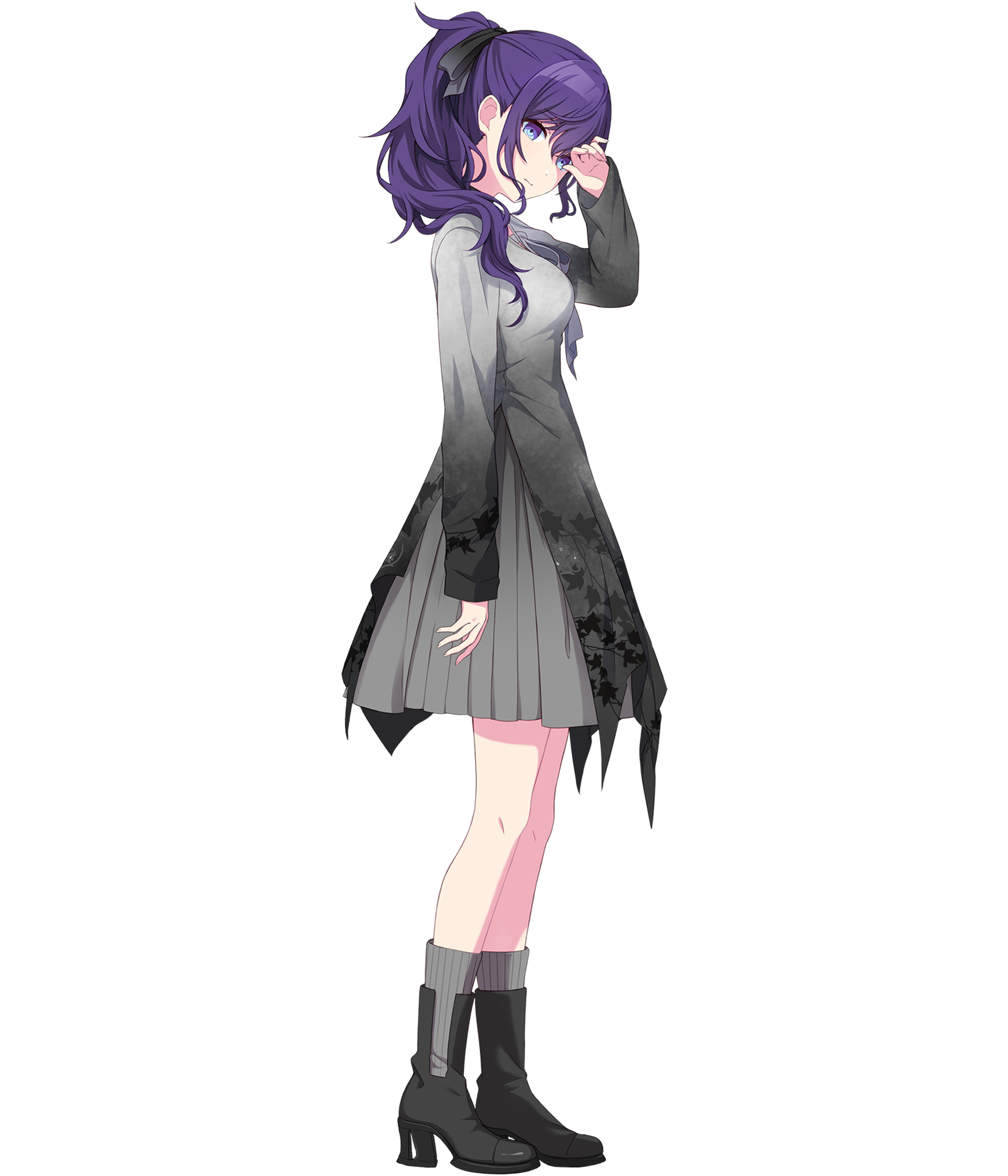 A young woman with purple hair in a school uniform
