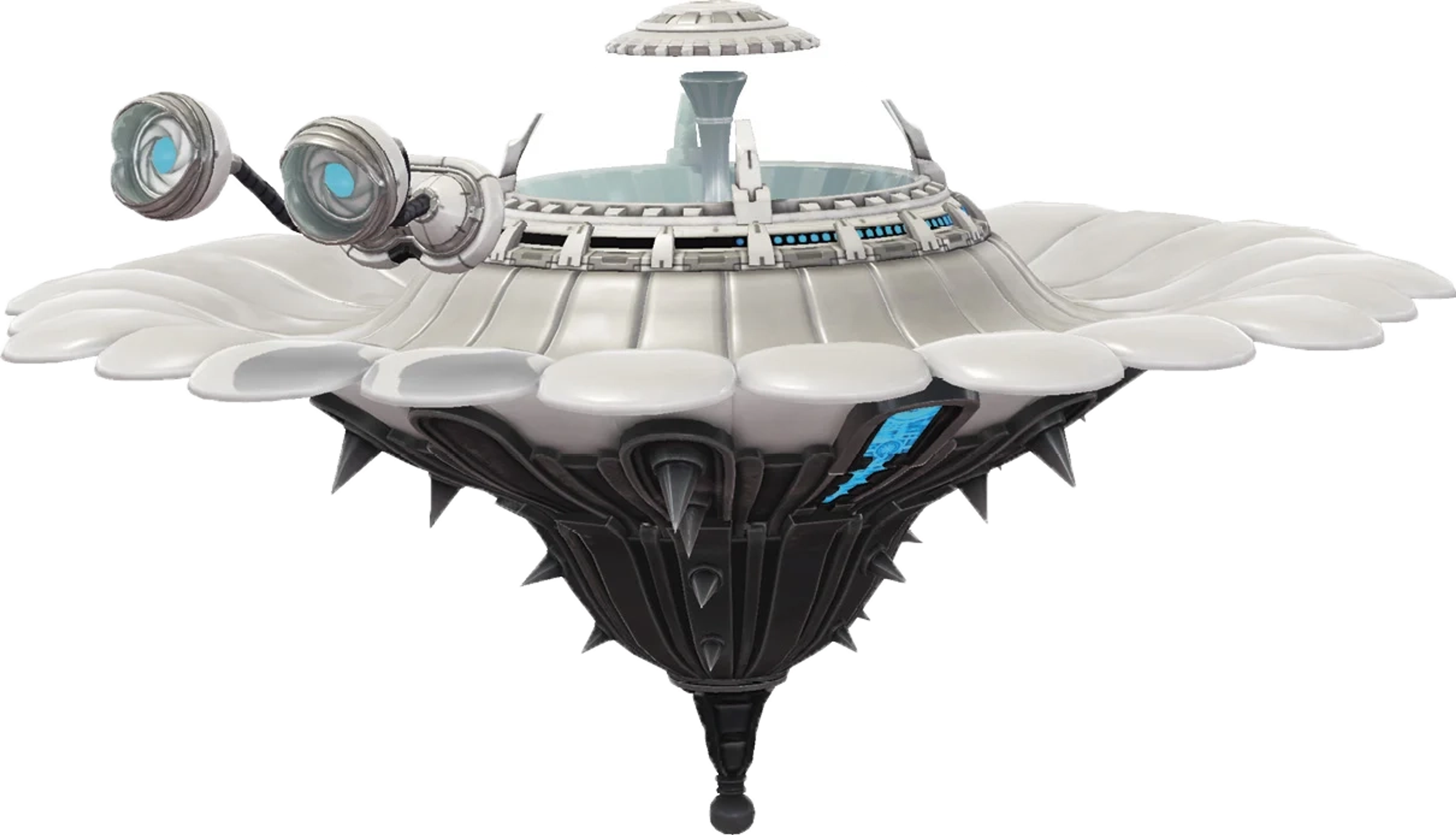 A large, flower-shaped mechanical entity with rotating metallic petals and a central glass core.