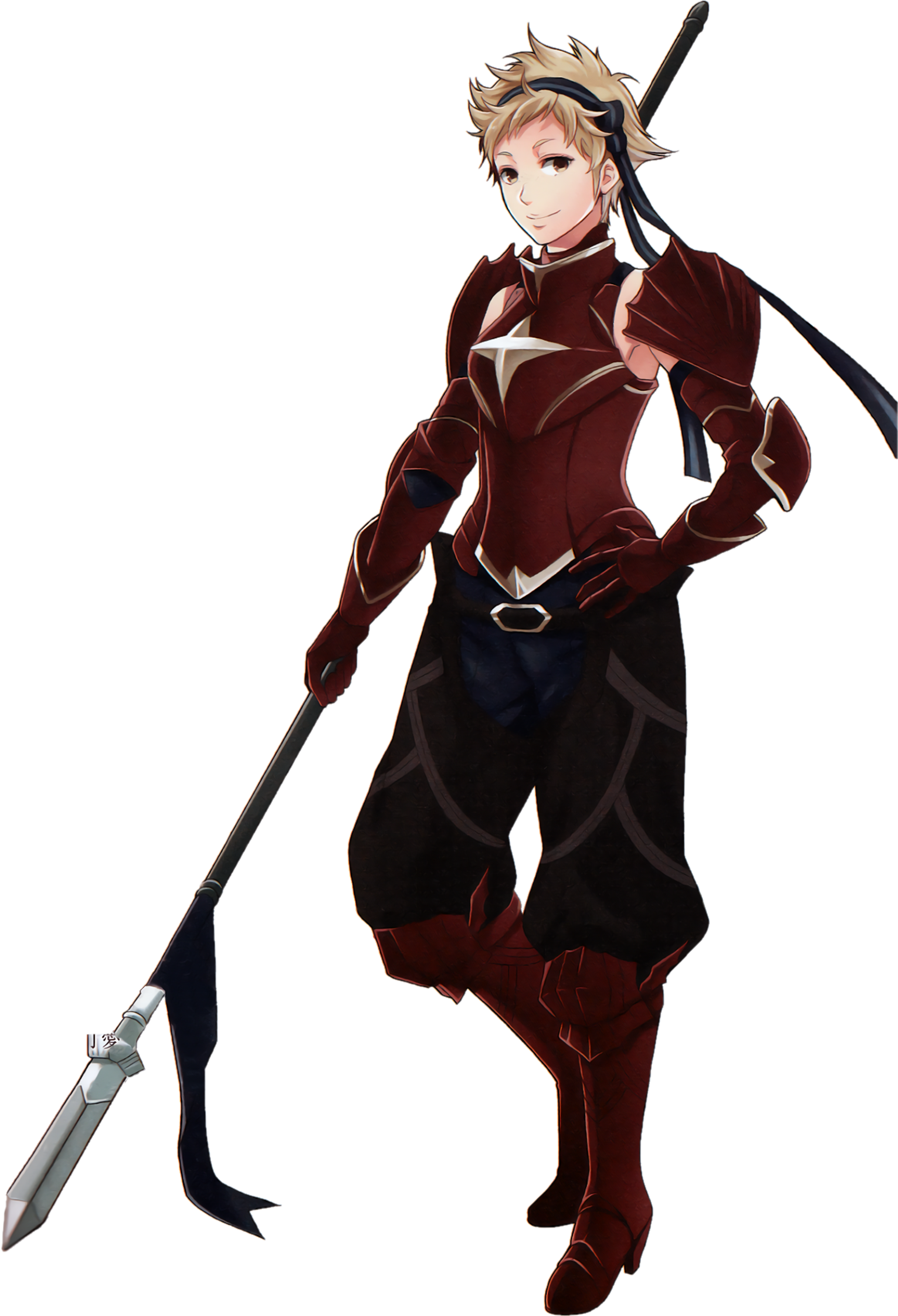 A female warrior character with long blonde hair and a red and black outfit, holding a sword.