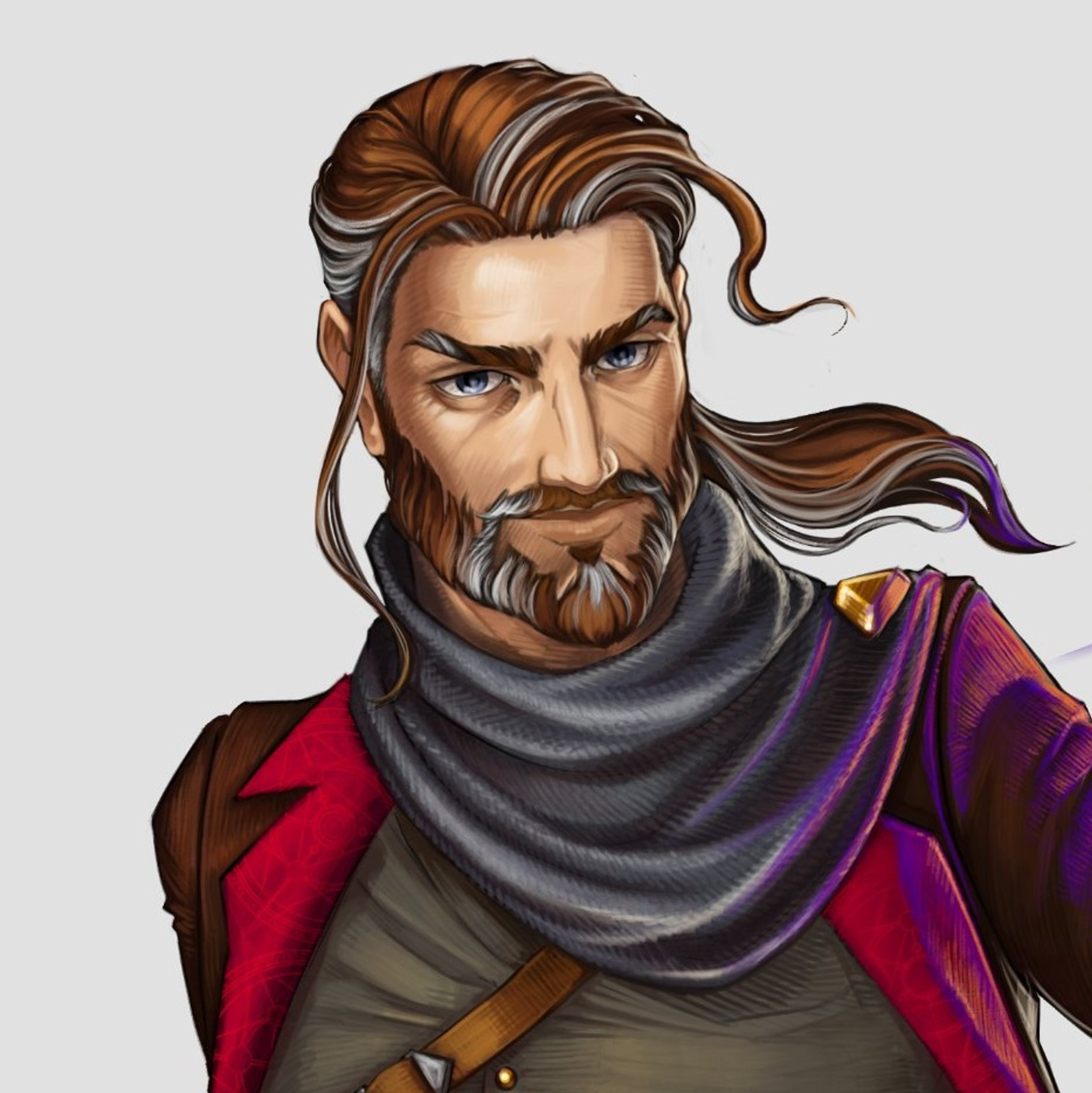 A human male character with long brown hair and a beard, wearing a red scarf and holding a staff or wand.