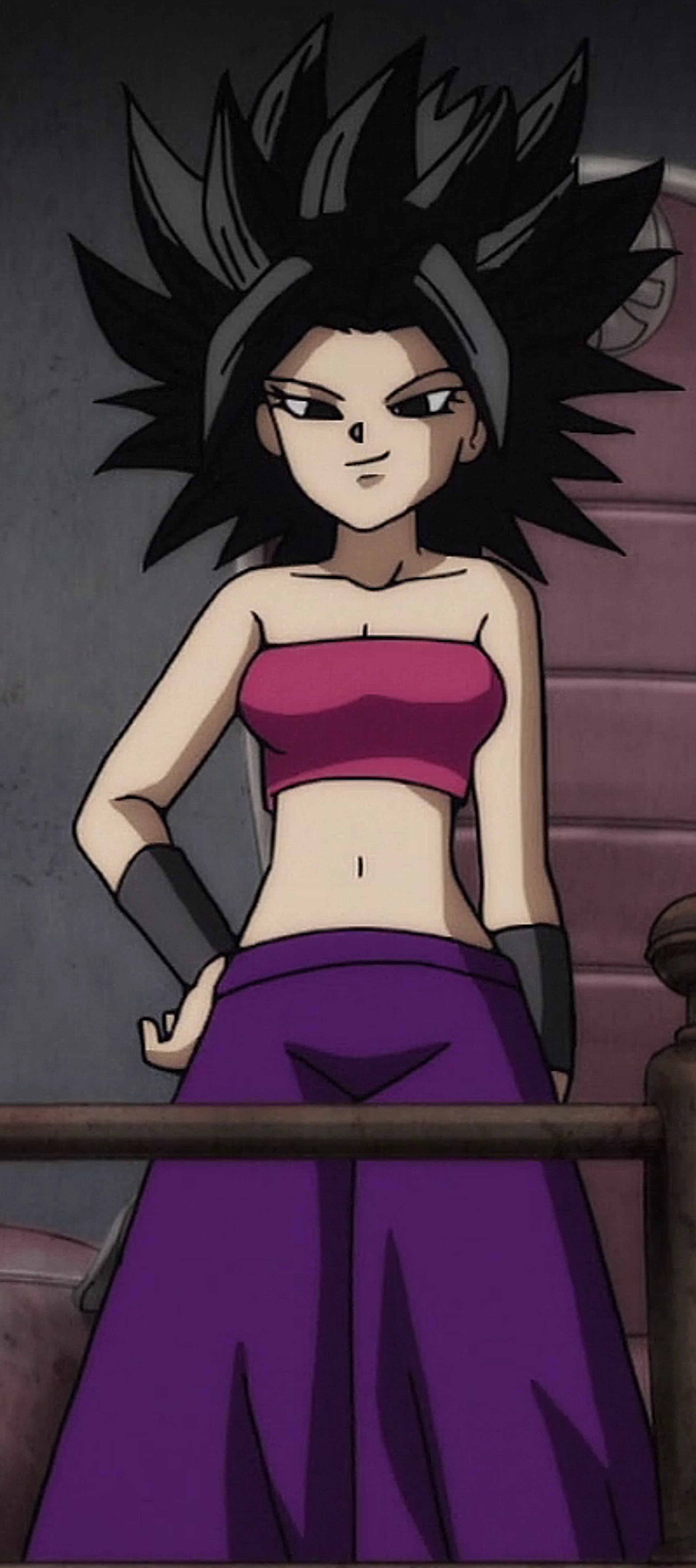 A confident, rebellious Saiyan woman with spiky black hair and intense eyes, wearing a pink crop top and purple pants.