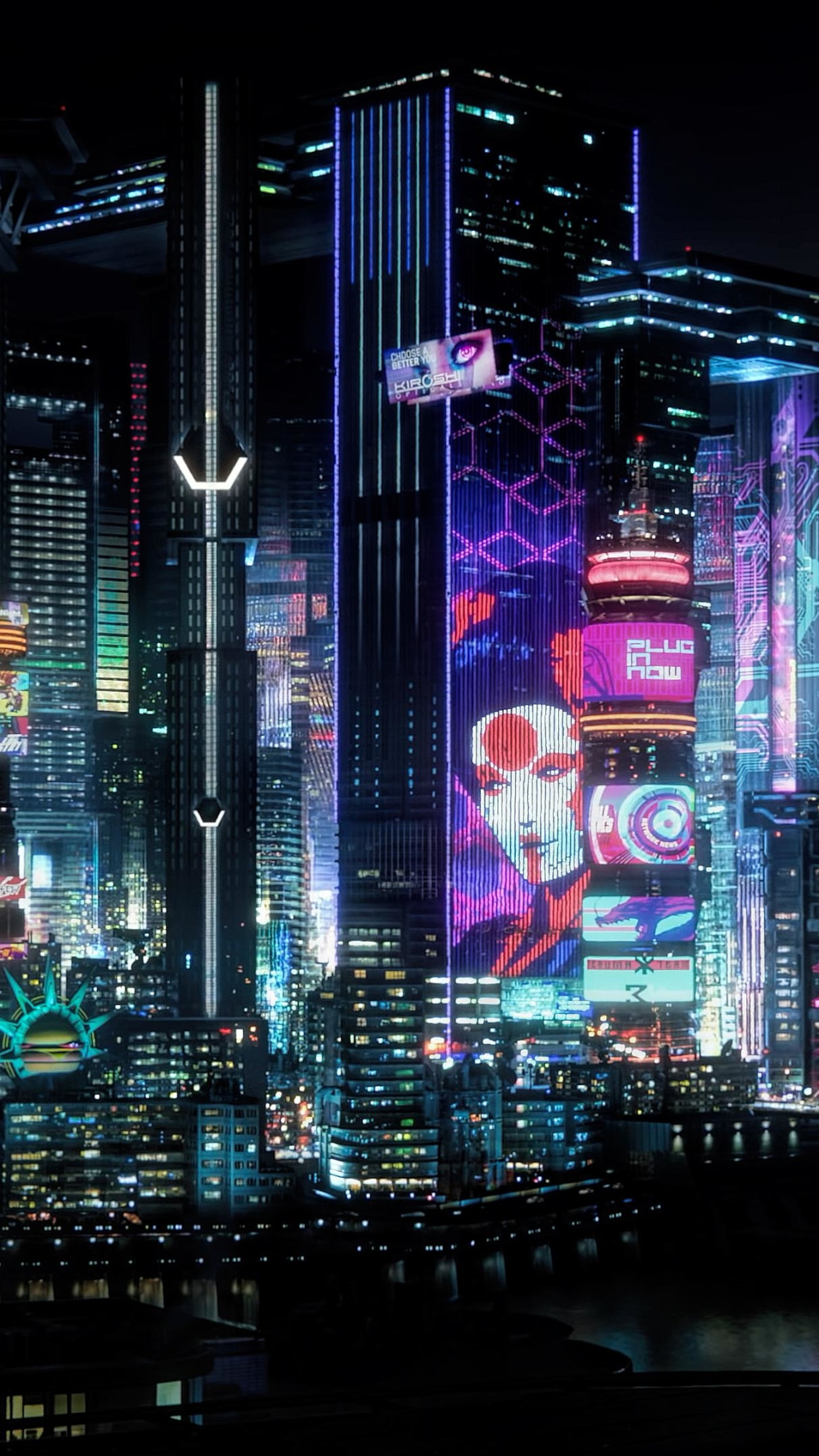 A cyberpunk city skyline at night, with tall buildings, neon lights, and a futuristic atmosphere.