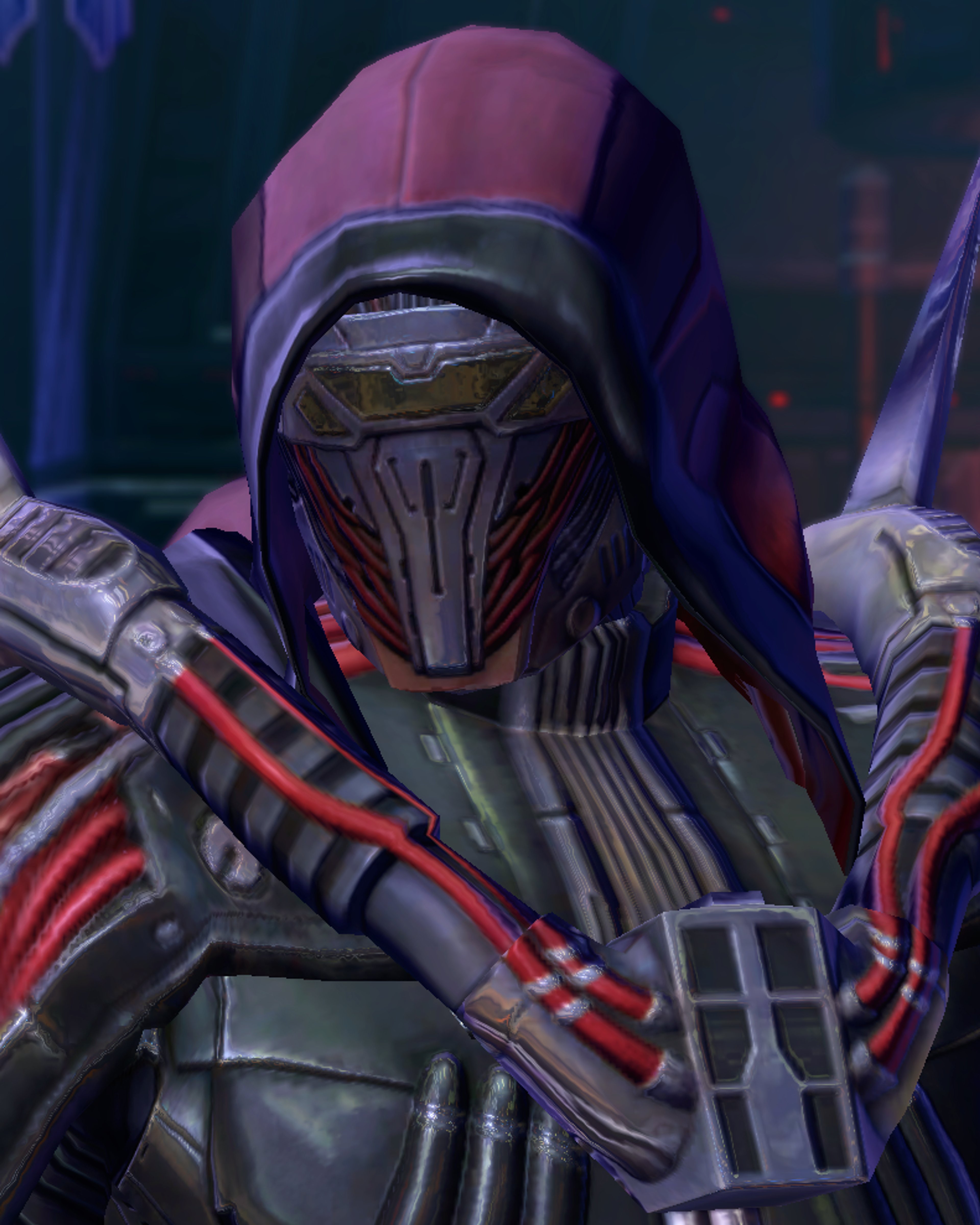 A powerful Sith Lord in dark red and black armor