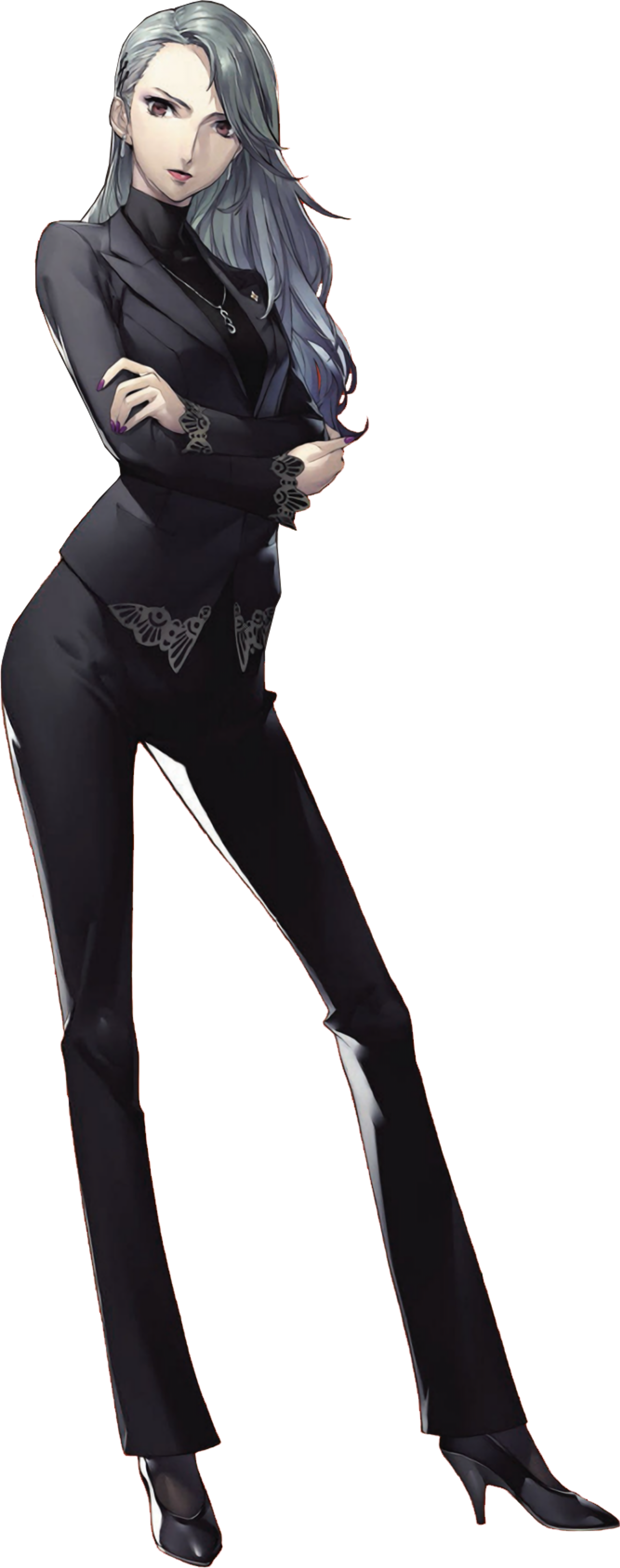 A woman in a black business suit with long silver-gray hair