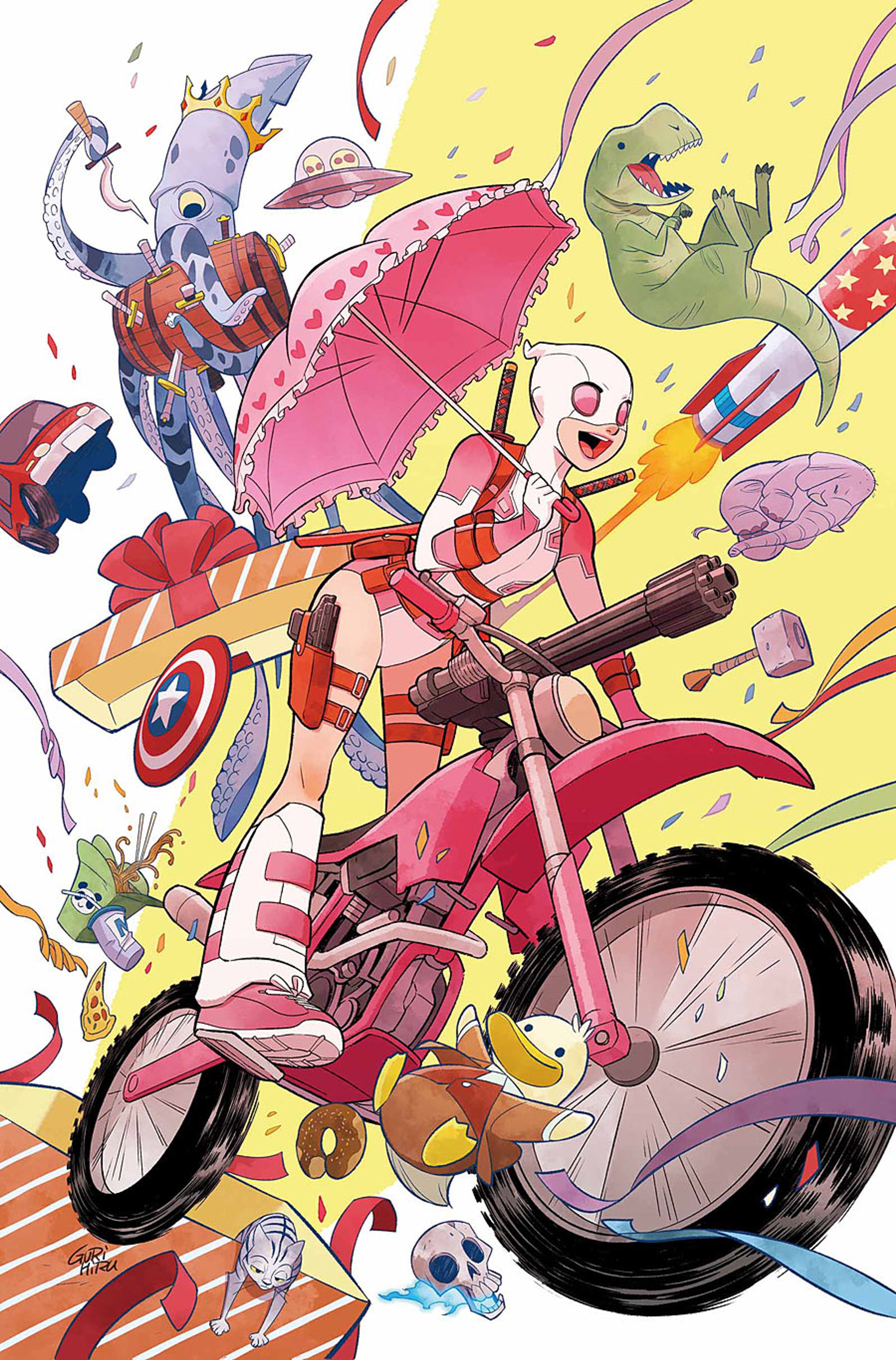 A young woman with pink hair and a red and white costume riding a motorcycle in a chaotic, comic book-style scene.