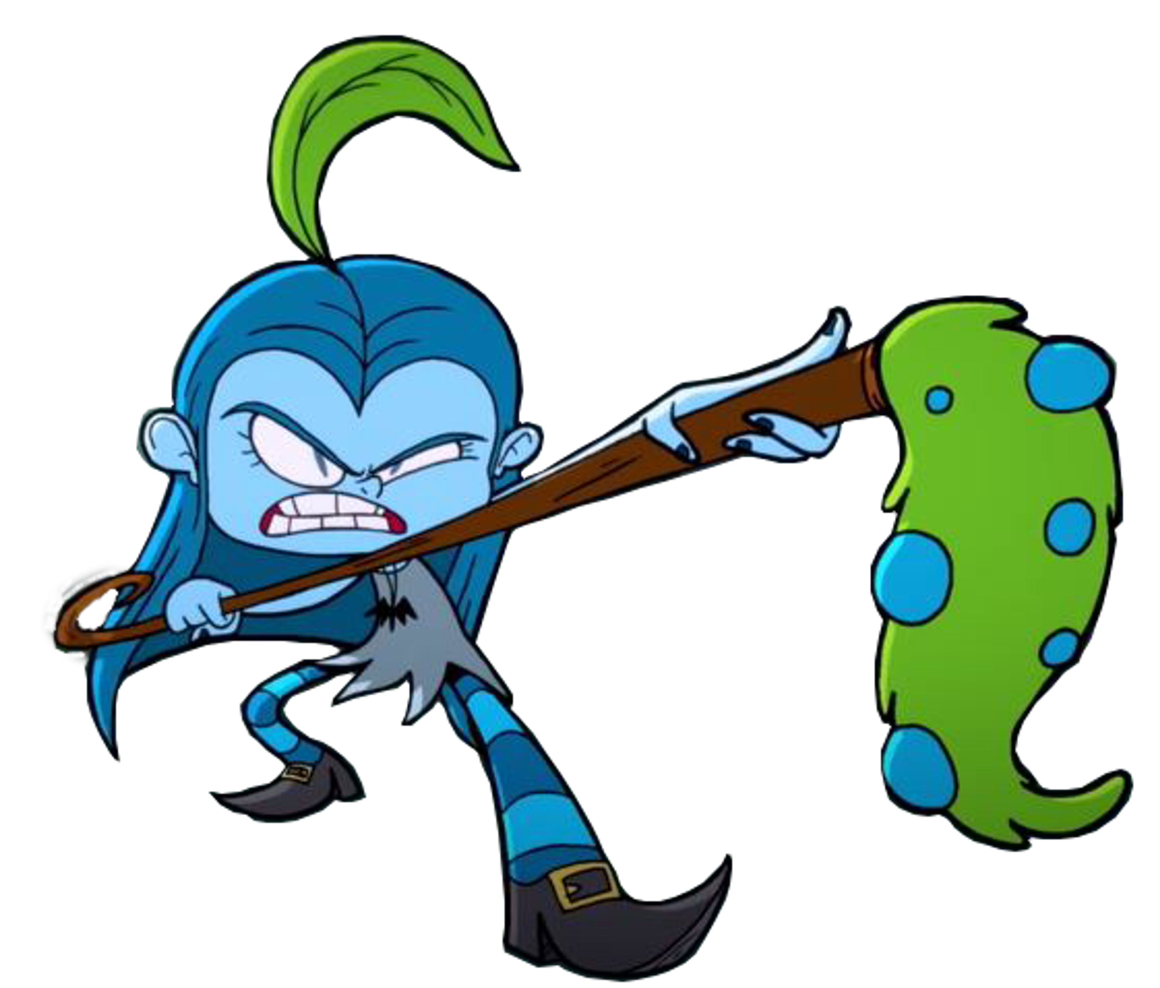 A blue-skinned witch character holding a magical 'Shrubstick' in a determined pose.