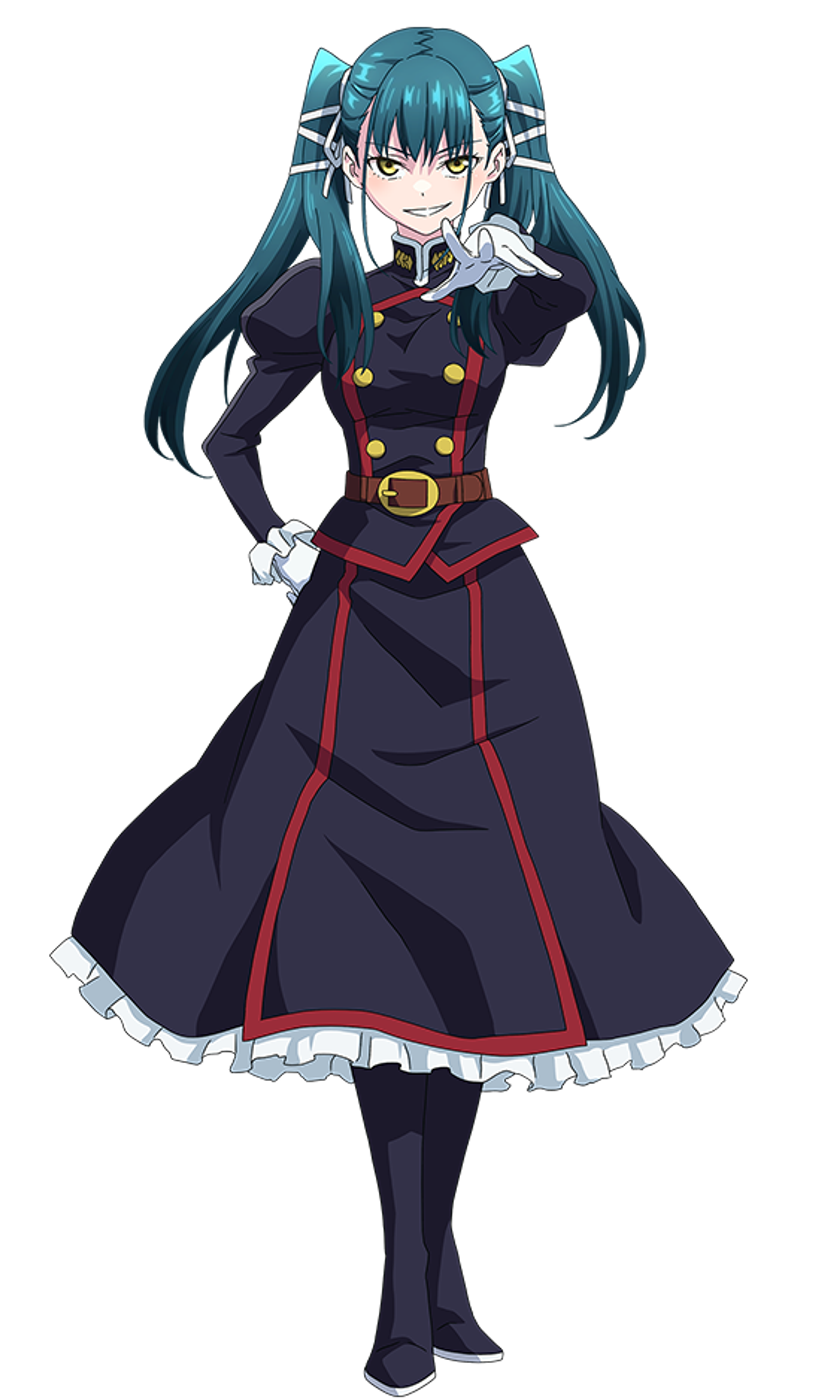 A young woman with long blue twin-tails wearing a dark-colored dress with red accents