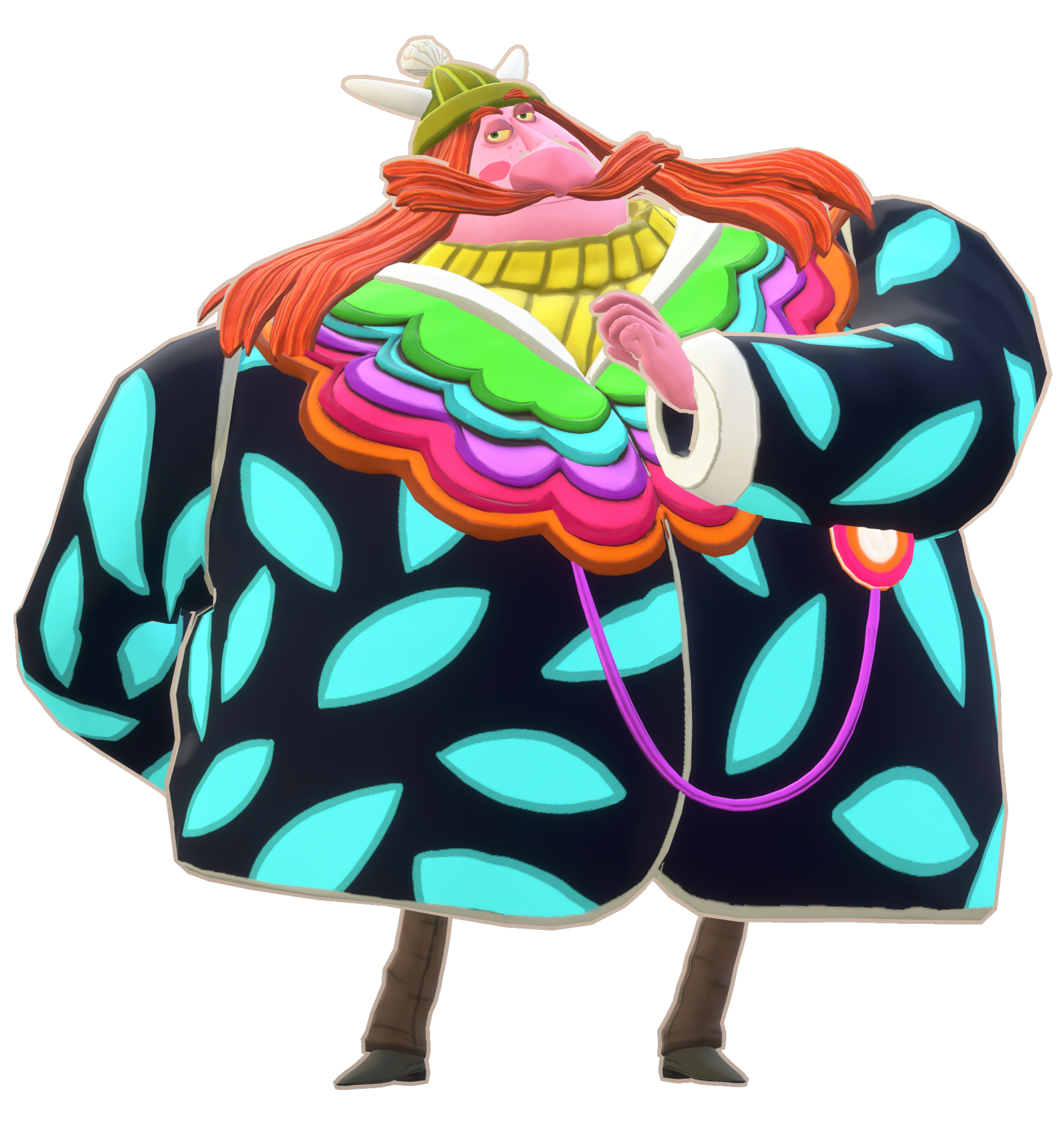 A colorful, fantastical character with ginger hair, pink skin, and a vibrant, patterned outfit