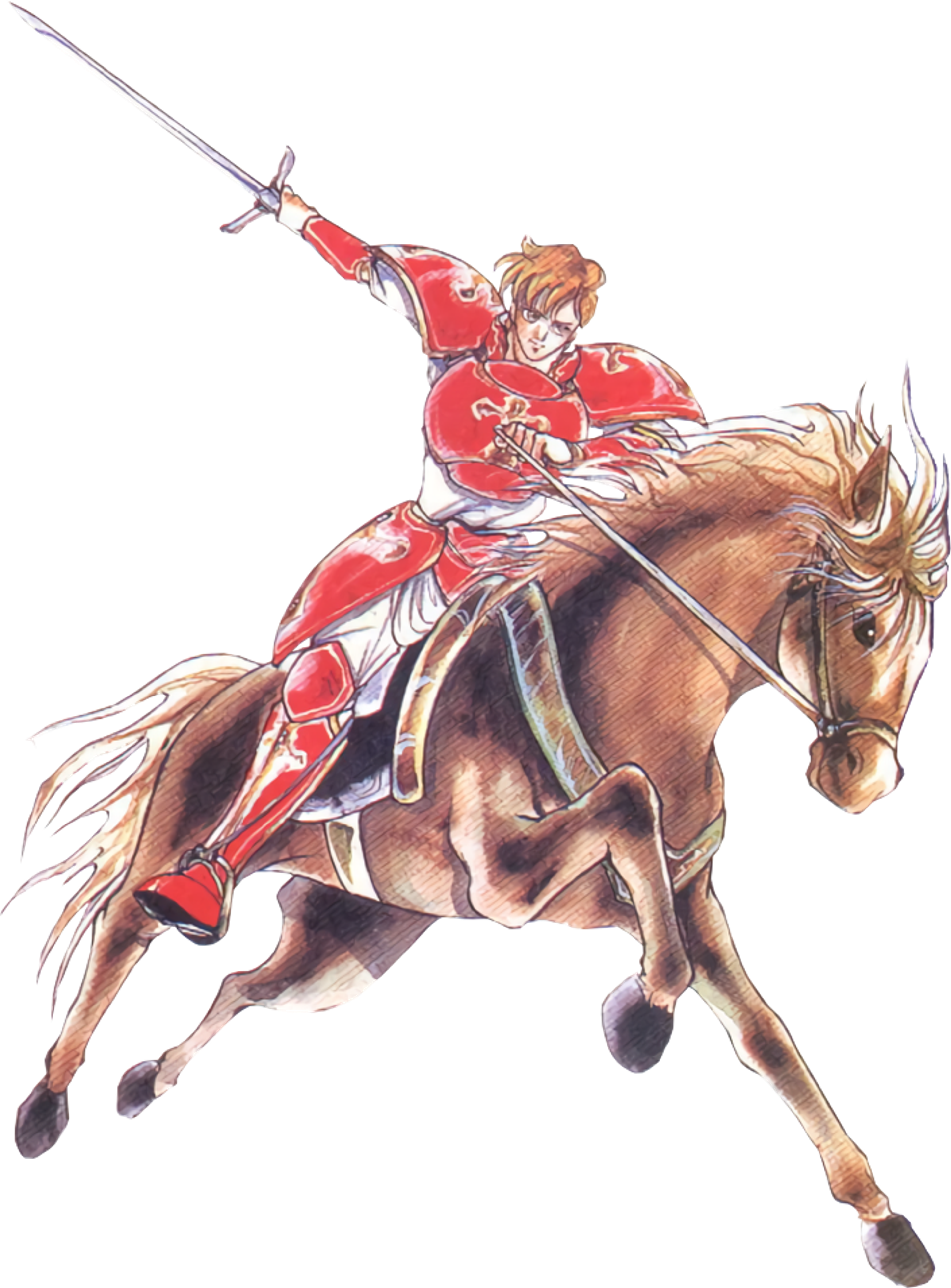 A knight in red armor riding a horse and wielding a sword
