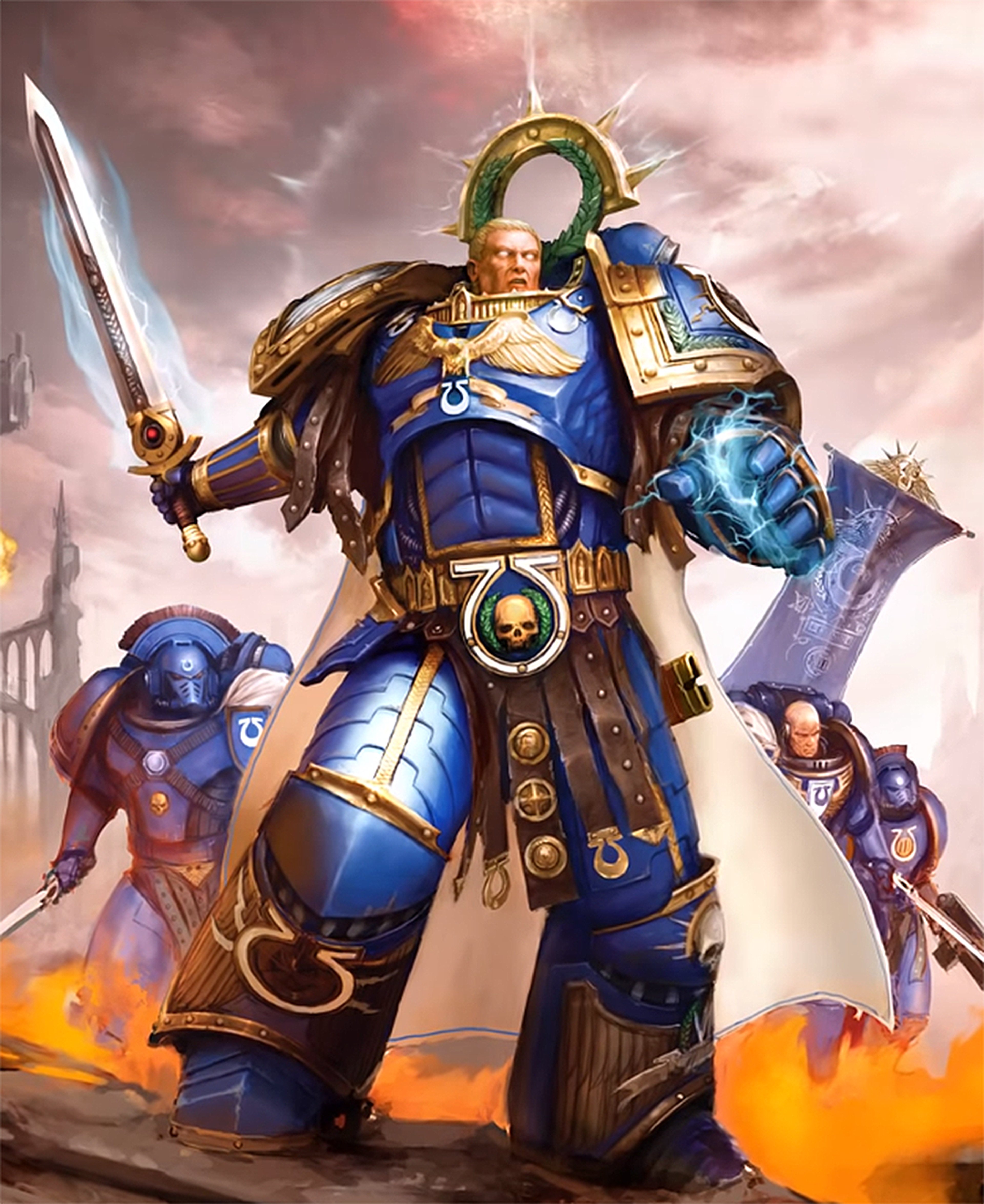 A powerful, heavily armored warrior in blue and gold power armor, wielding a massive sword and shield on a chaotic battlefield.