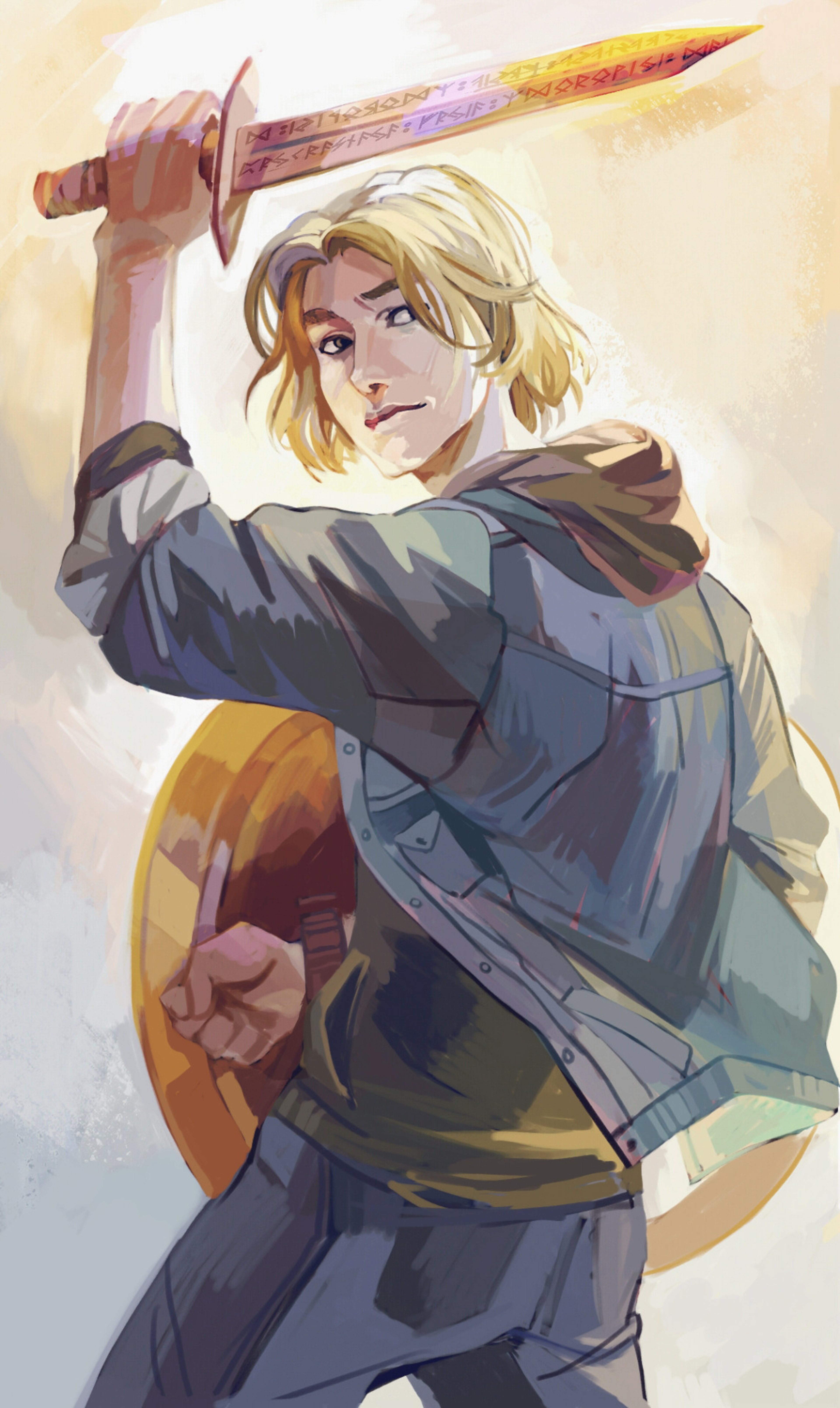 A young, blonde male character holding a glowing sword