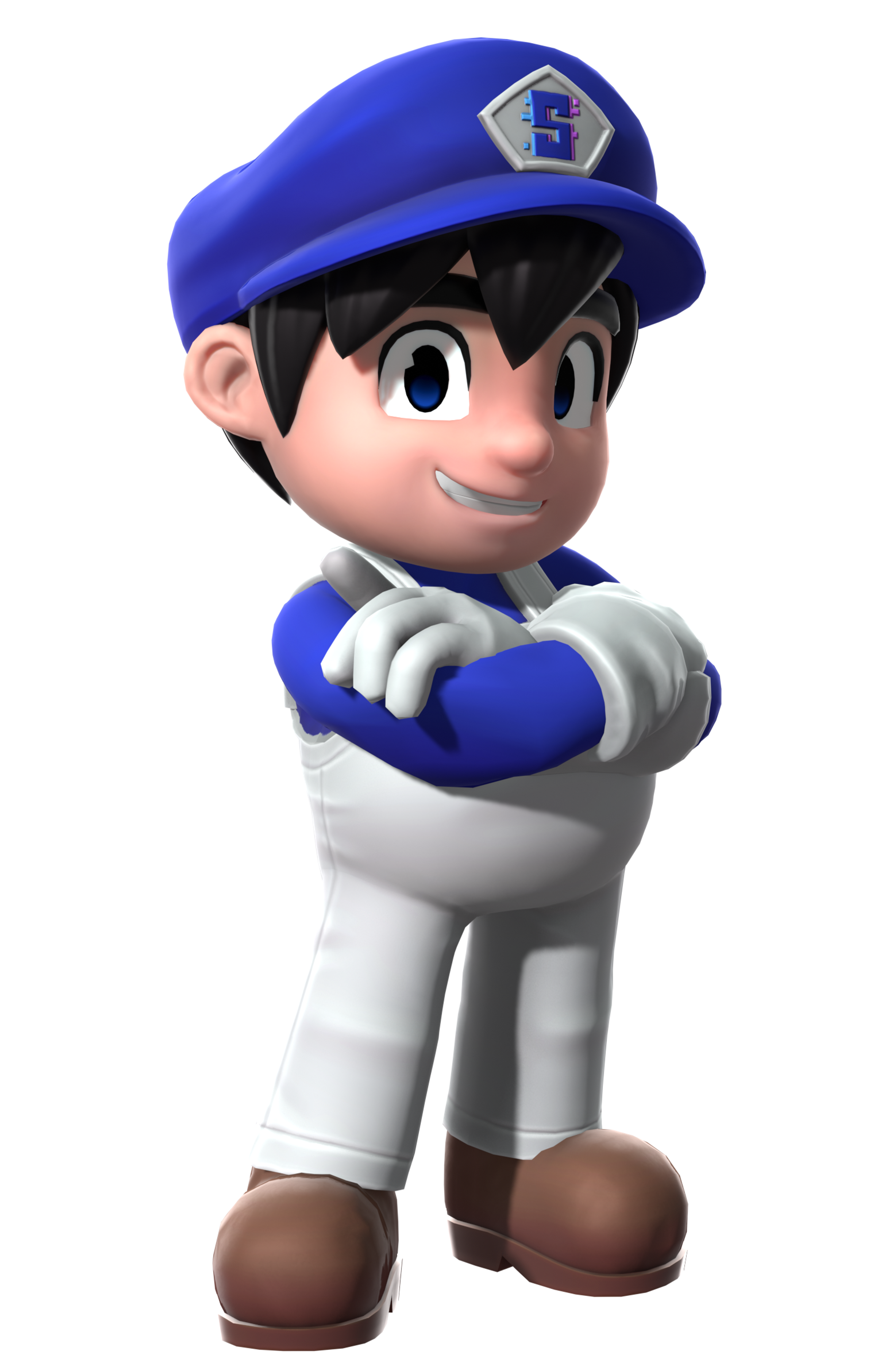 A cartoon character with a blue hat, white gloves, and a blue and white outfit.