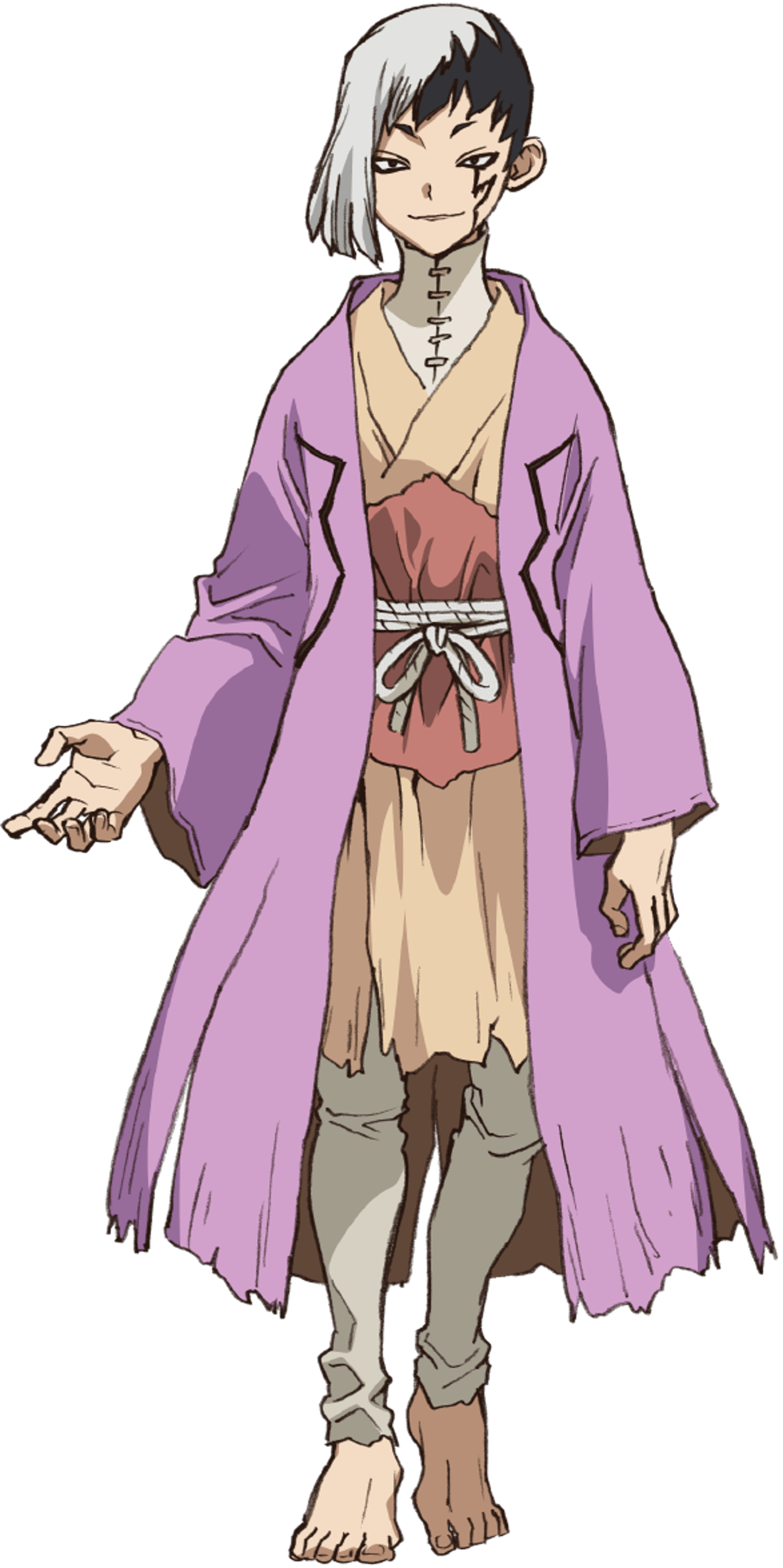 A young man with bicolored hair wearing a lavender-pink Japanese-style overcoat