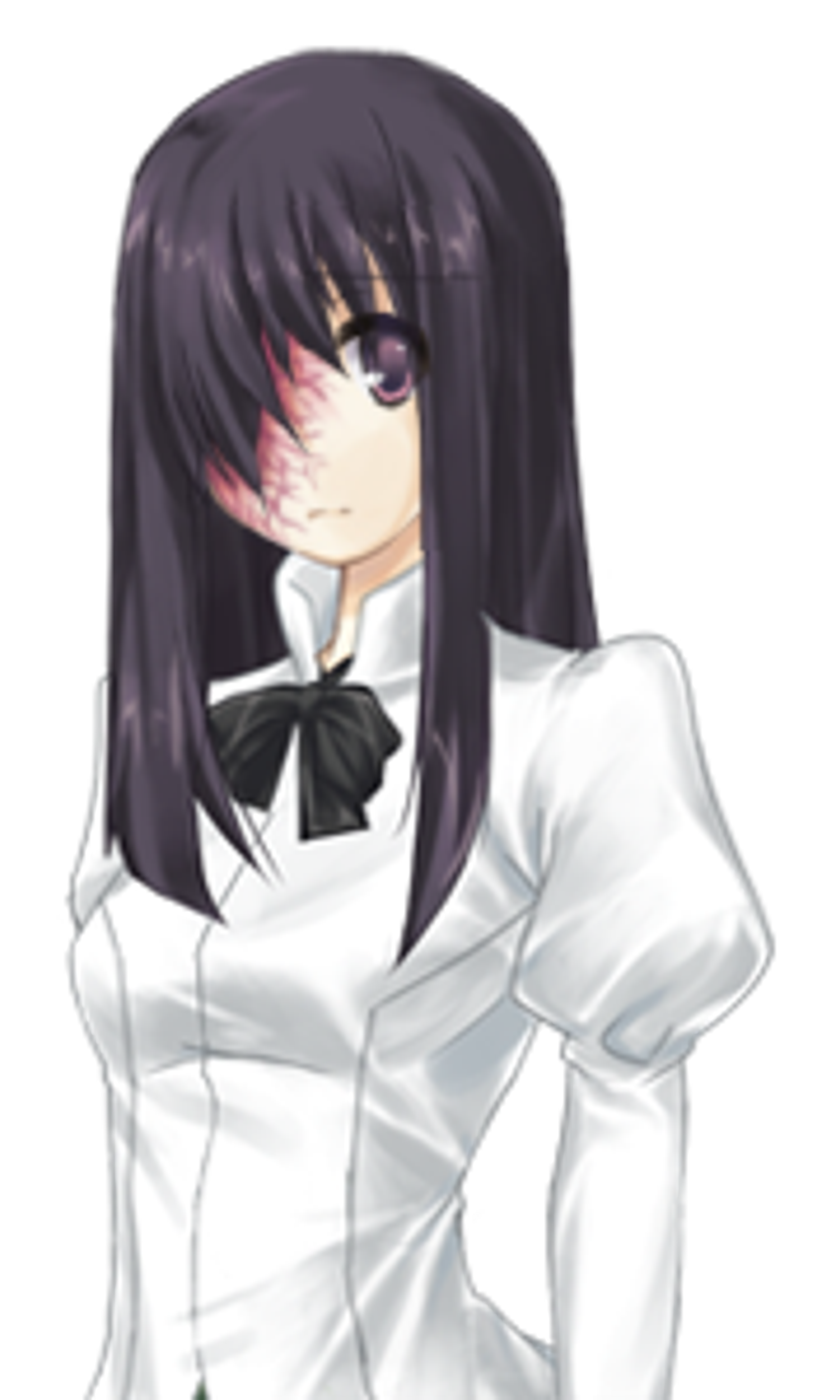 A young woman with long dark hair and a partially scarred face, wearing a white school uniform with a black bow tie.