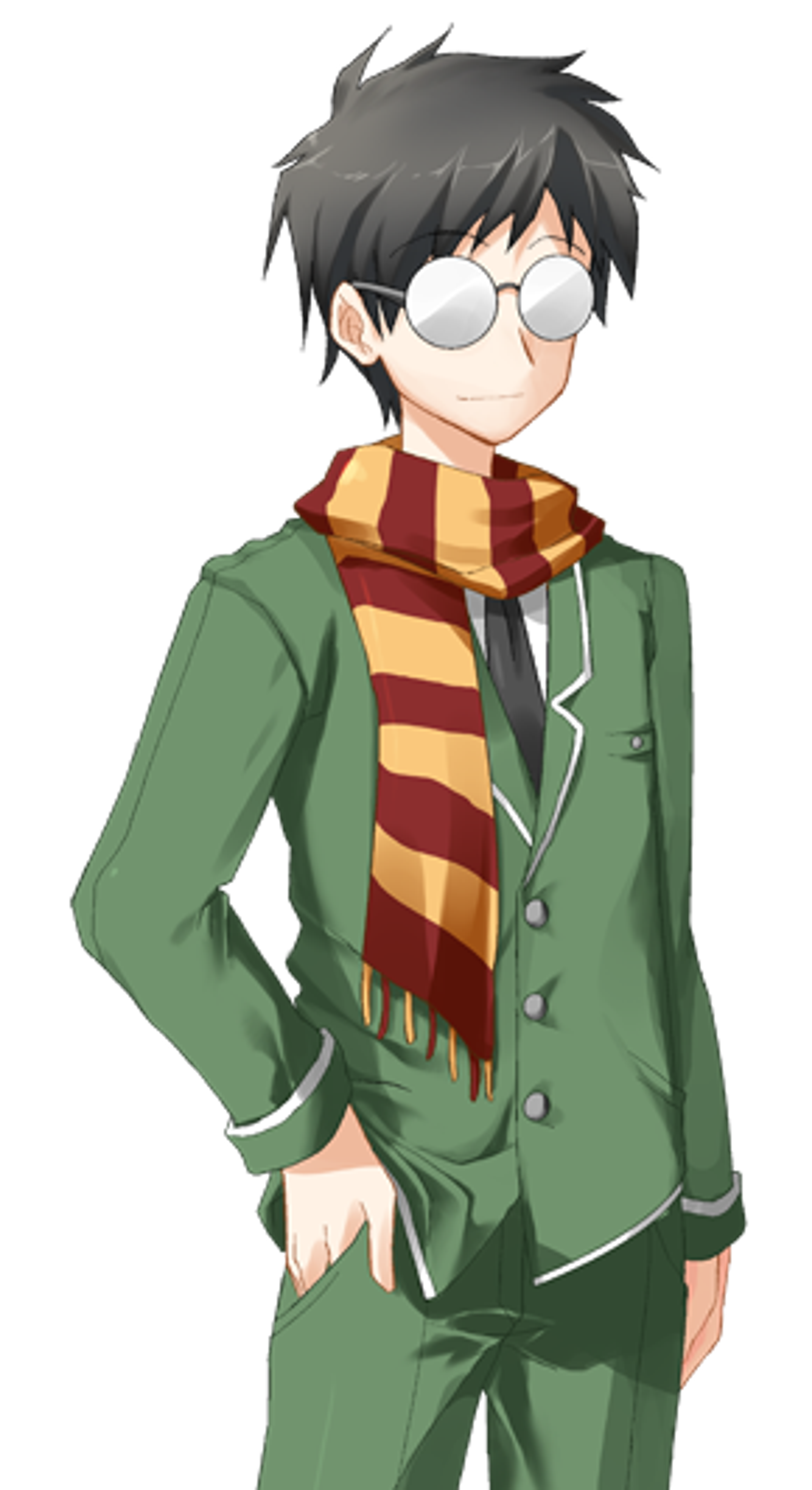 An anime-style character with short dark hair and glasses wearing a green jacket and red and yellow striped scarf.