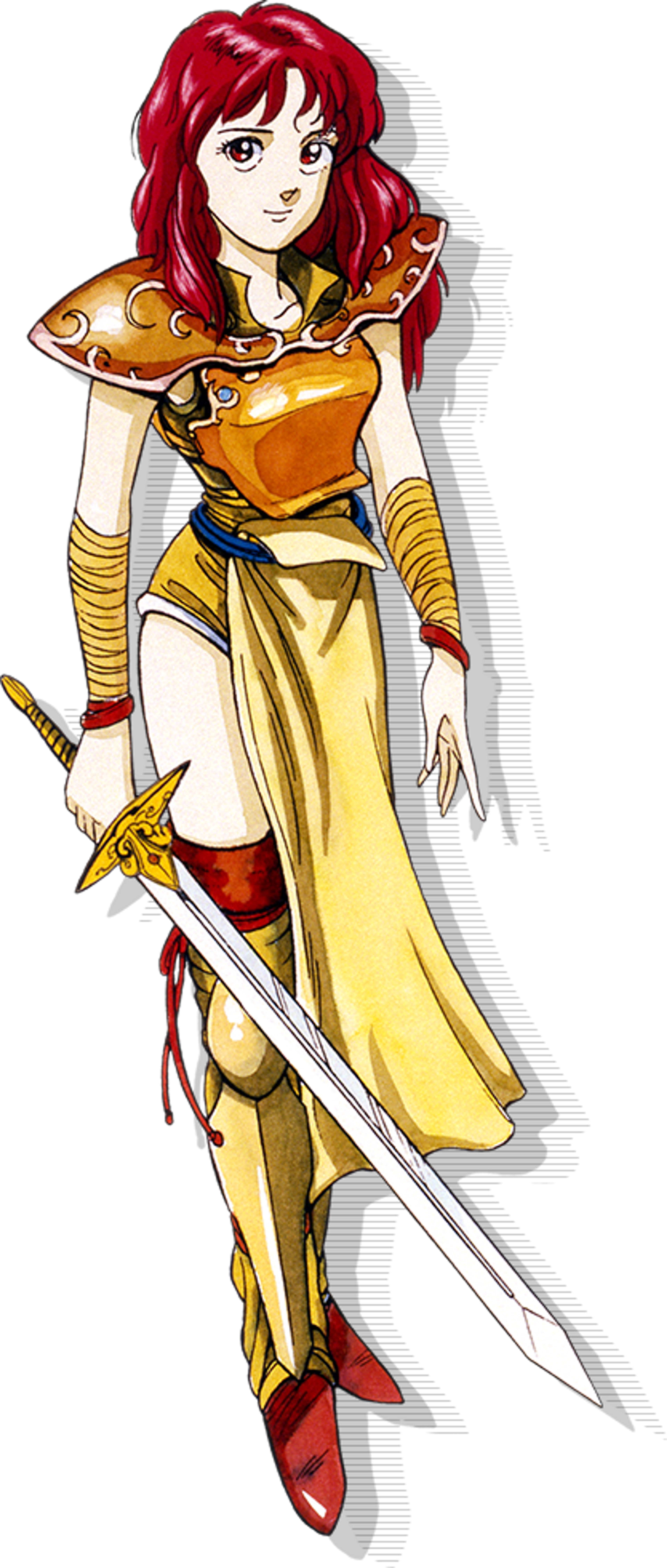 A young woman with red hair wearing a yellow dress and holding a sword