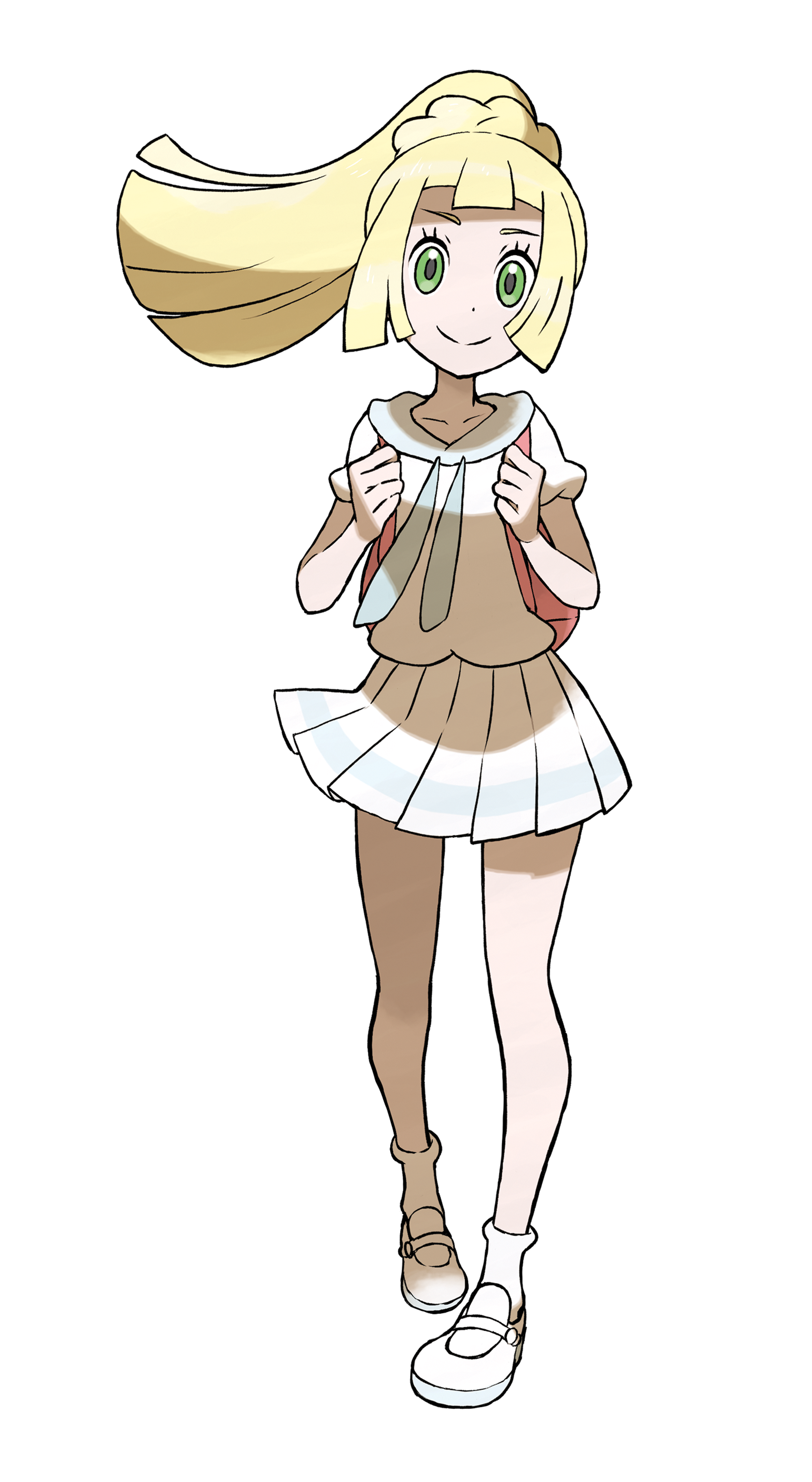 An anime-style character with long blonde hair in a bun, wearing a white dress with a pink bow and a friendly expression.