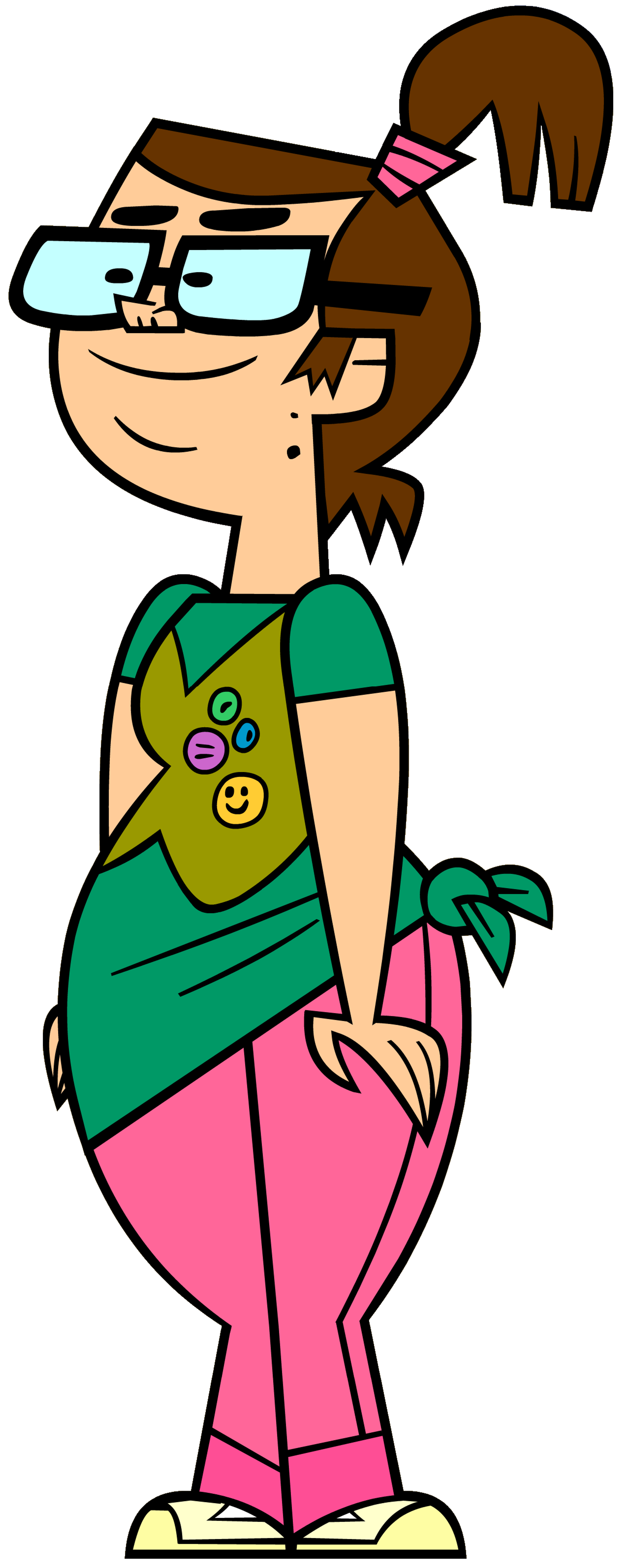 A cartoon illustration of a young female character with brown hair and glasses, wearing a green shirt and pink pants.